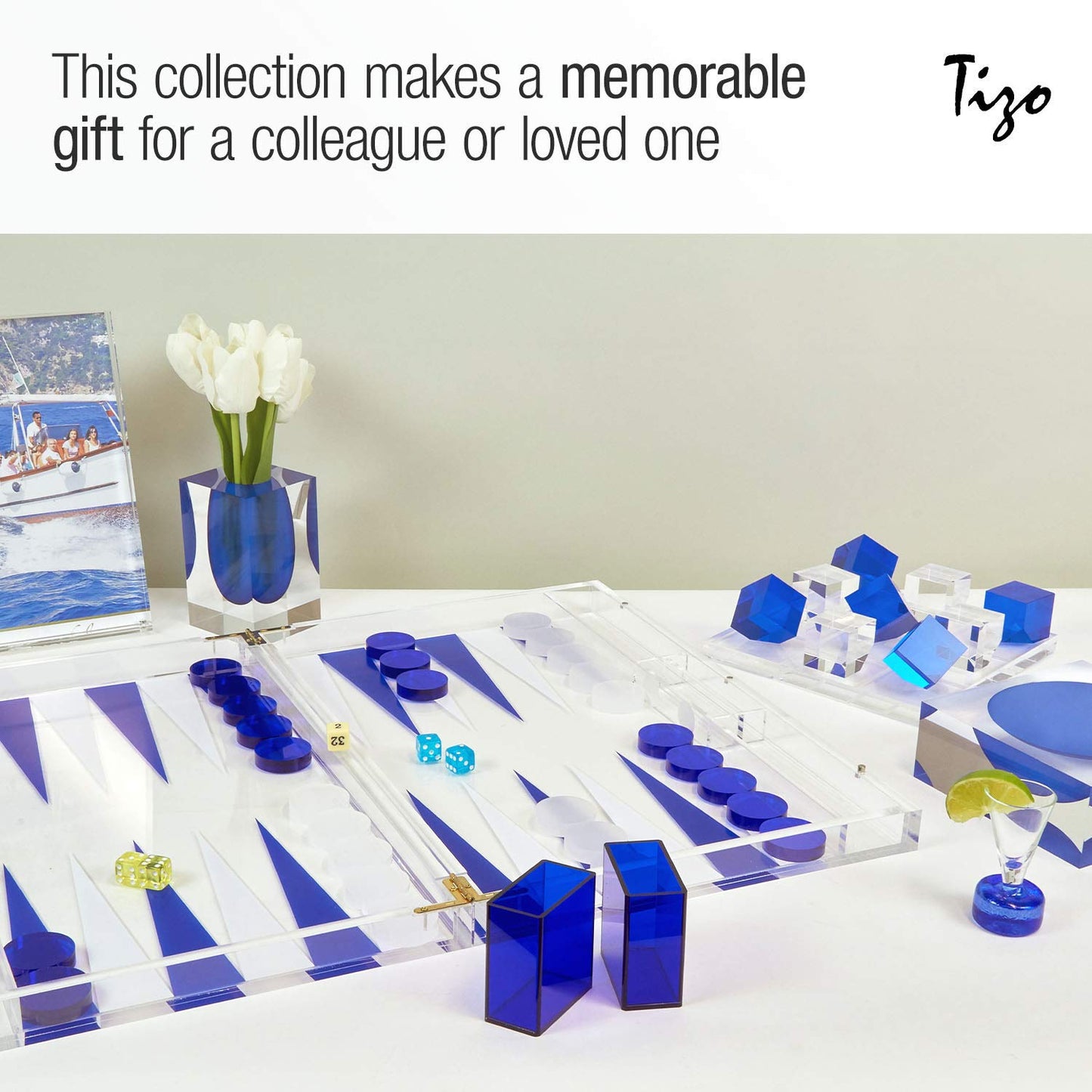 TIZO Elegant 18” Lucite Backgammon Set, Lucite Chips & Cups with Magnetic Closure, Elegant & Practical Boutique Quality Home Décor, Clear, Black & White