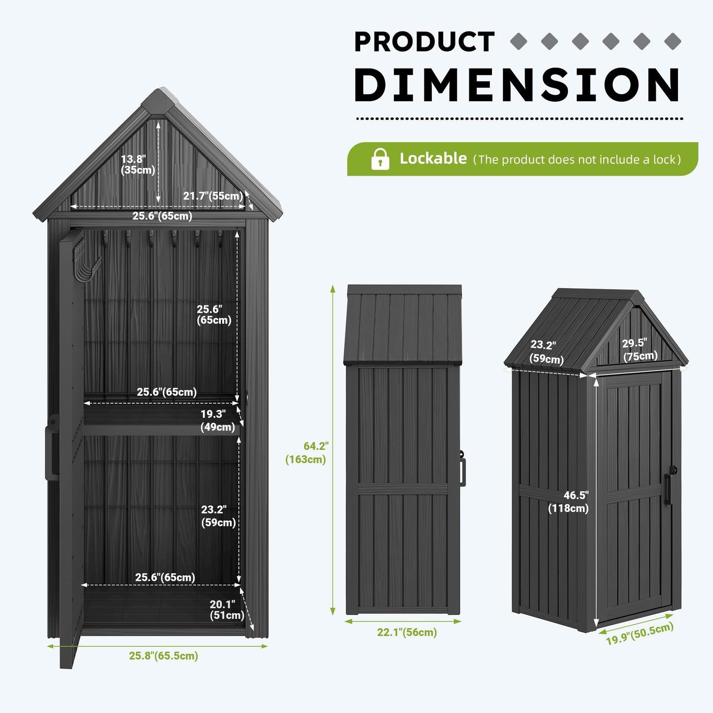 WTFGO Vertical Outdoor Storage Shed, Waterproof Resin Outdoor Storage Cabinet with Removable Shelves & 12 Hooks, Lockable Small Tool Shed for Garden, Backyard, Patio, Pool, Classic Black