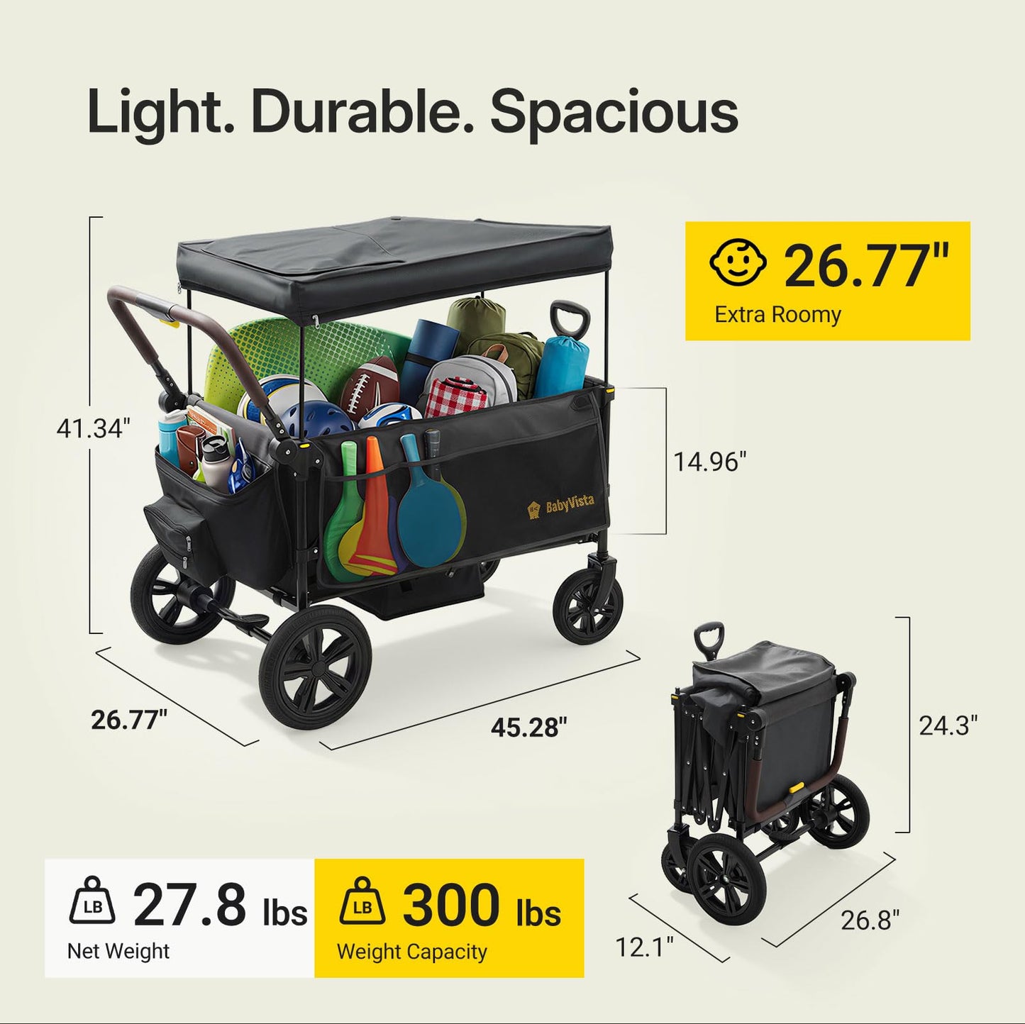 BabyVista Stroller Wagon for Kids, One-Hand Adjustable Push/Pull Handle, Spacious Storage, 8"/12" All-Terrain Wheels, Canopy with Bug Net, Wagon Stroller for Daily Walks, Short Trips & Grocery Runs