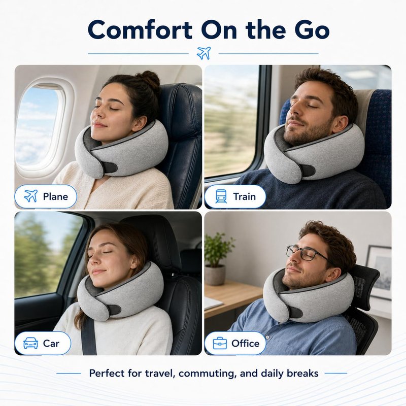 Purroch G-Shape Memory Foam Travel Neck Pillow - 100% Pure Foam Ergonomic Support with Eye Mask & Ear Plugs for Airplane Flights, Car Trips & Office Naps, Beige Gray