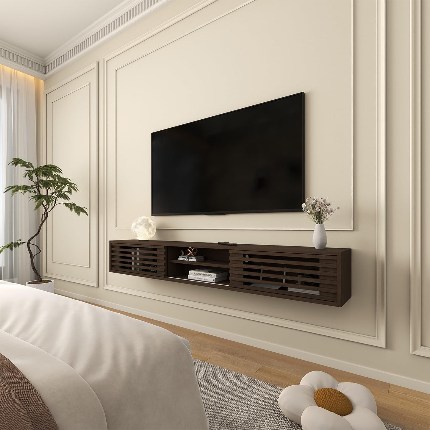 Furniloft 78" Floating TV Stand with Slatted Sliding Doors, Mid-Century Modern Wall Mounted Entertainment Center, Walnut Media Floating tv Console for 85 TV, Space-Saving Cable Management