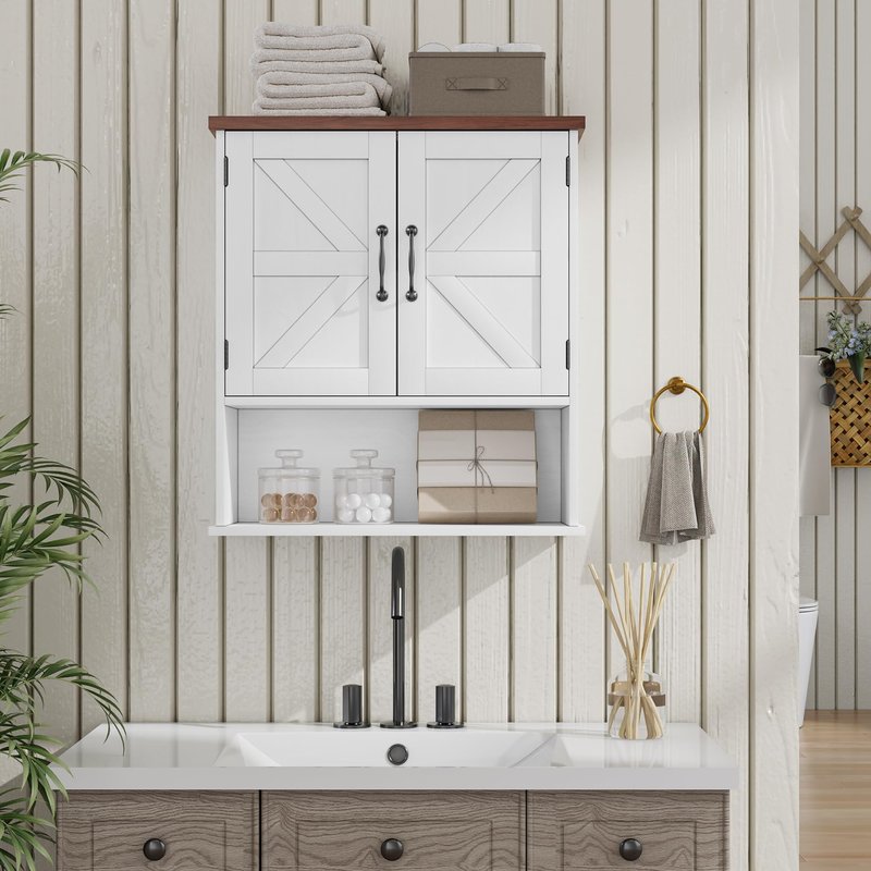 Mino Kesper Bathroom Wall Cabinet with Barn Doors, Wall Mounted Bathroom Cabinet, Farmhouse Style, Adjustable Shelf, Wall Mounted Medicine Cabinets, White