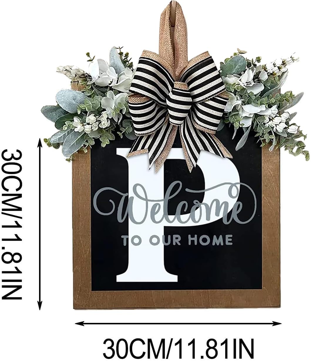 Last Name All Year Round Front Door Wreath with 26 Initial Letter Welcome Sign All Seasons Eucalyptus Garland and Bow ,Farmhouse, Porch, for Spring Summer Fall All Seasons Holiday Halloween Christmas.(P)