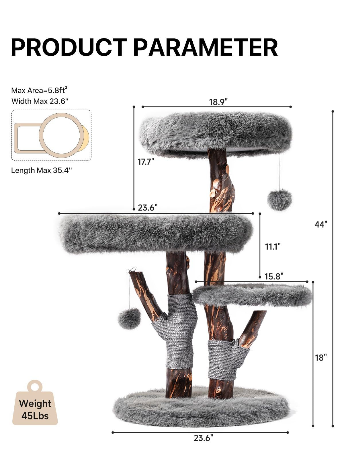 Aesthetic Cat Tree Tower for Large Cats, Modern Cat Tree for Maine Coon Indoor Cats with Faux Fox Fur, Maine Coon Cat Tree, Solid Wood Sisal Scratching Post, Perches, Platform & Toy Ball, Dark Gray