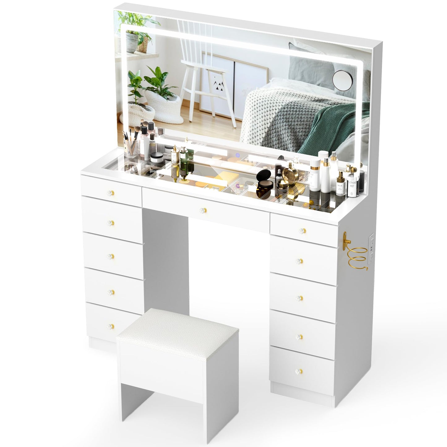Fkhouse 11 Drawers Glass Top Vanity Desk with Chair, Crystal Handles Makeup Vanity with Mirror and Lights, Dressing Table with Power Outlet, Adjustable Lighting Modes, White