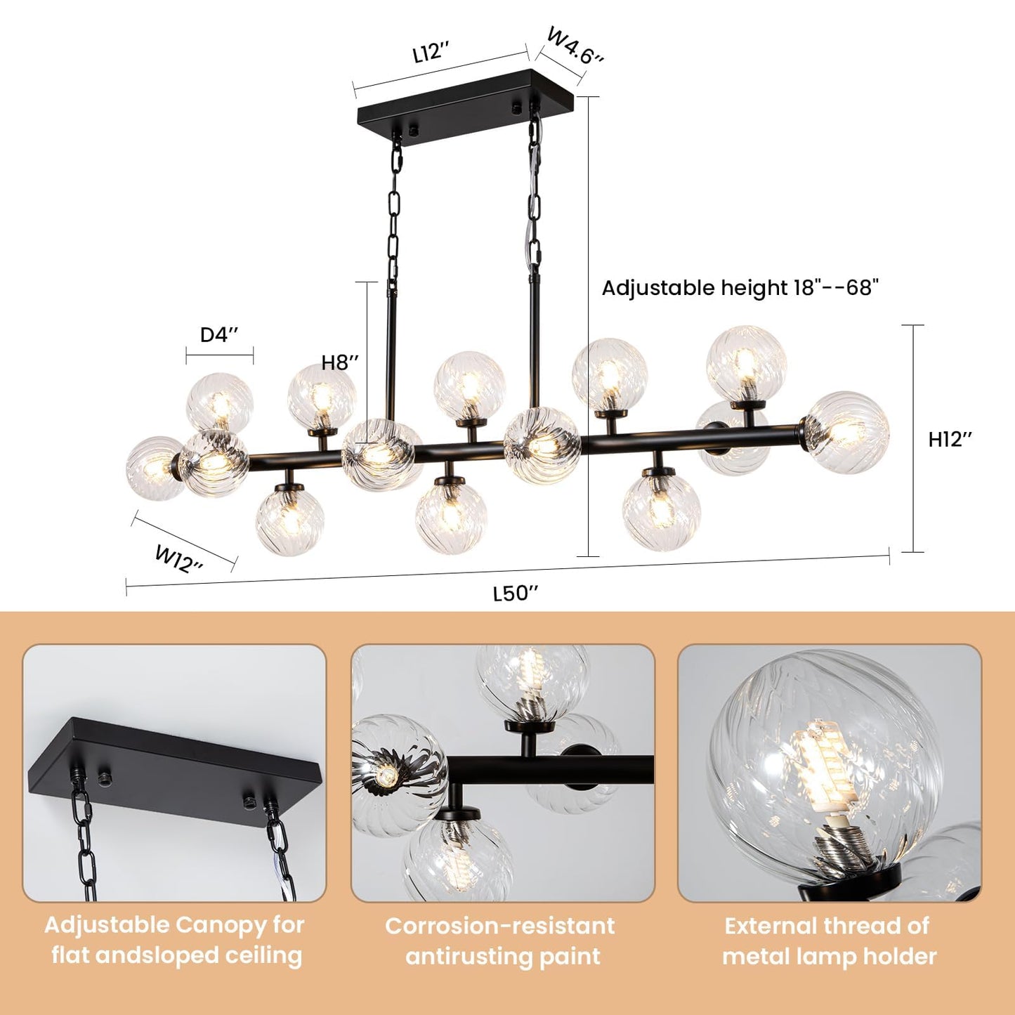 DFJL 50" Modern Linear Chandelier,Mid Century Black Finish and Transparent Pleats Glass Bubble Sputnik Pendant Light Fixtures, for Dining Room Kitchen Island Rectangle Over Table 16-Lights