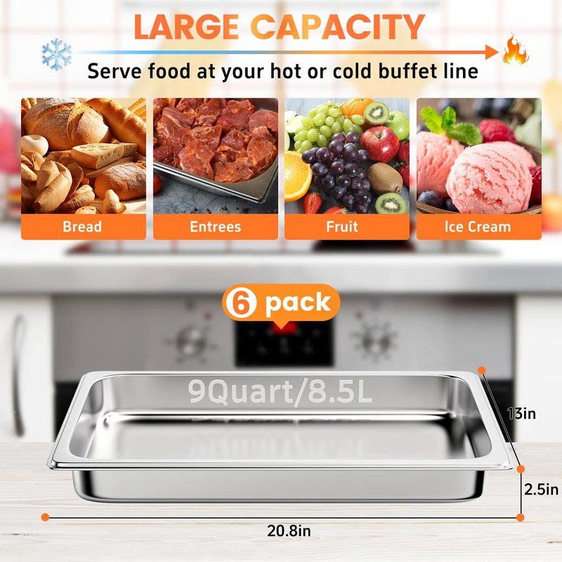 Zapstarz 6 Pack Hotel Pans, 1/1 Full Size 2.5 Inch Deep Steam Table Pan, Stainless Steel Commercial Food Pan Anti Jam Steam Pan, Breading Trays for Hotel, Party, Buffet, Catering Supplies