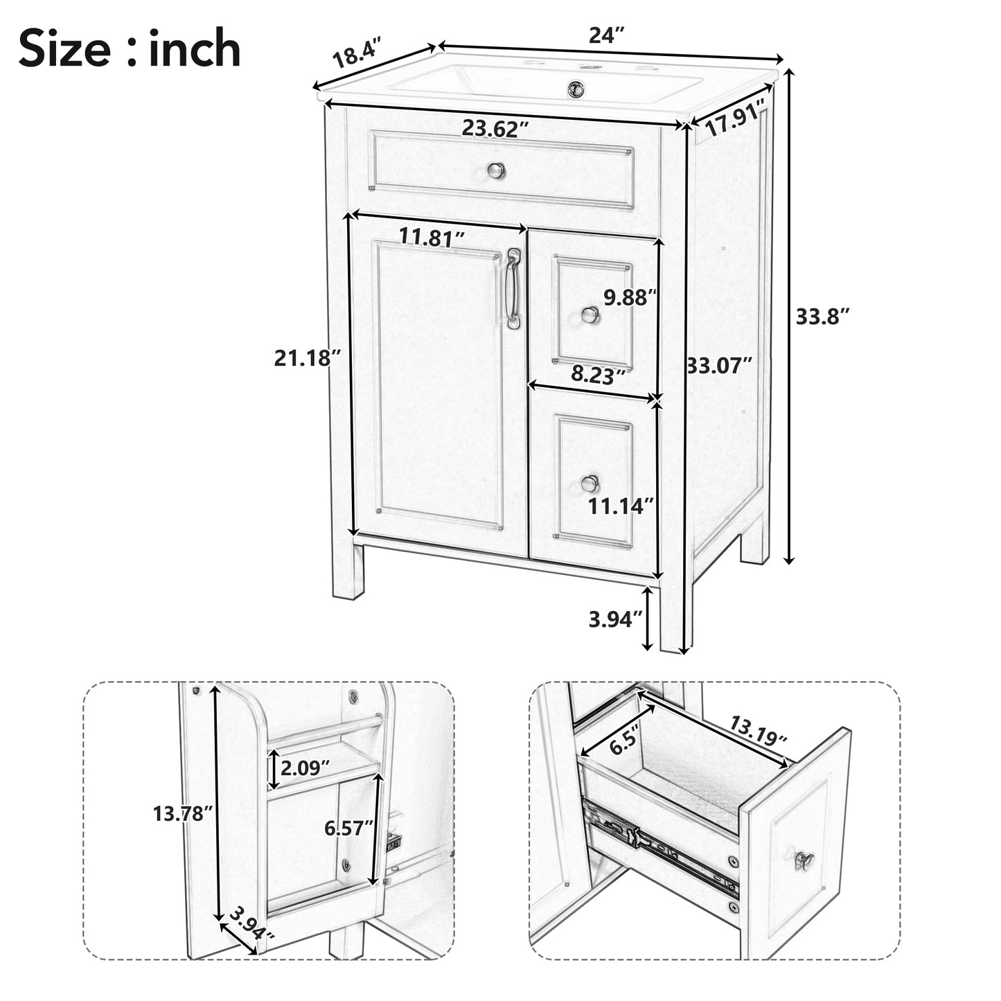 Favfurish 24" Bathroom Vanity with Ceramic Sink,Free Standing Single Basin Vanity w/Soft Close Door and Soft Closing Drawers,Wooden Bath Cabinet with Double Storage Racks on The Door,Black