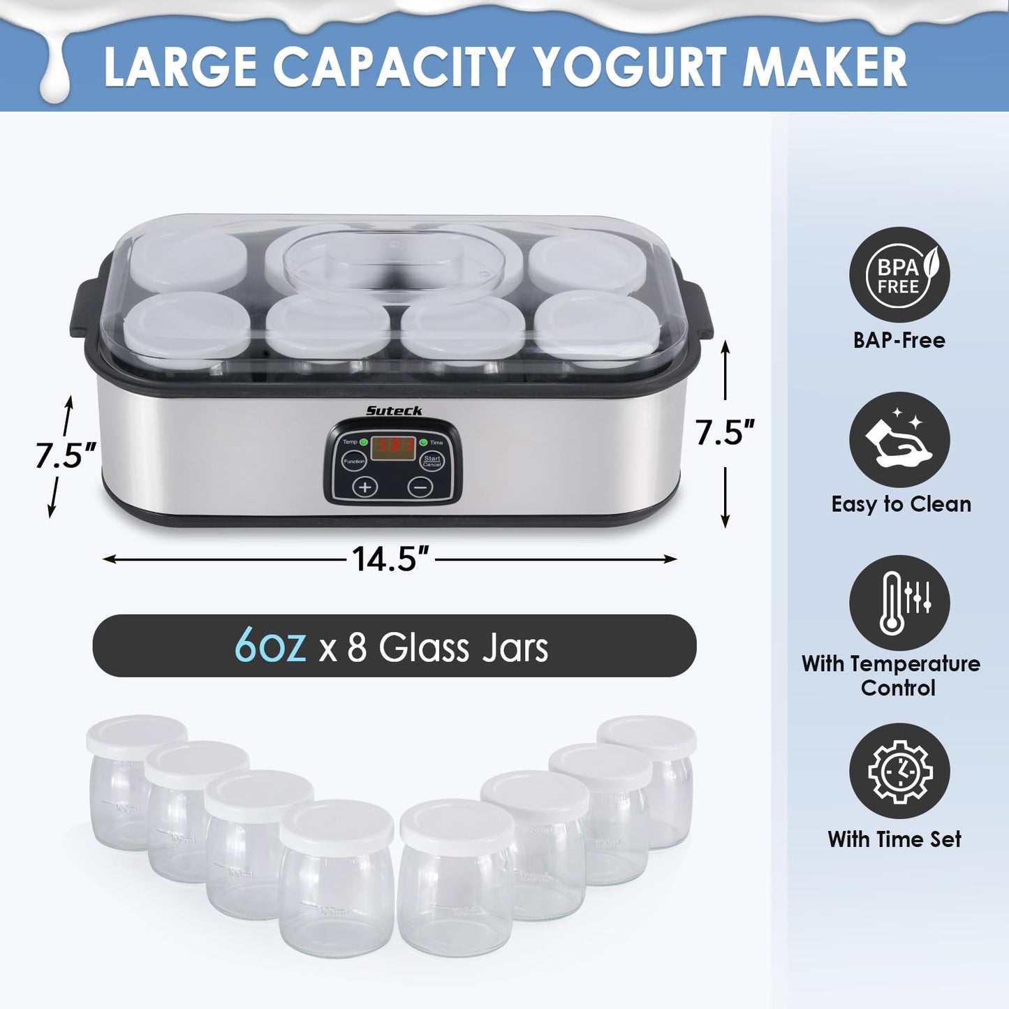Yogurt Maker Automatic Digital Yoghurt Maker Machine with 8 Glass Jars 48 Ozs (6Oz Each Jar) LCD Display with Constant Temperature Control Stainless Steel Design for Home Use
