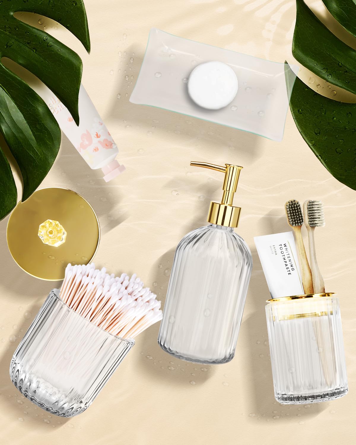 Gold Bathroom Accessories Set, 4Pcs Clear Glass Bathroom Accessory Sets Complete of Soap Dispenser, Toothbrush Holder, Apothecary Jar(Qtip Holder), Vanity Tray, Modern Home Decor Housewarming Gifts