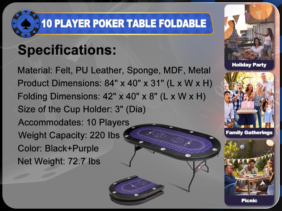 REAHOISY Poker Table Foldable, Casino Leisure Gamimg Table for 8/10 Player, Folding Texas Holdem Blackjack Table with Padded Rails & Cup Holders for Home Game Room, 84 Inch