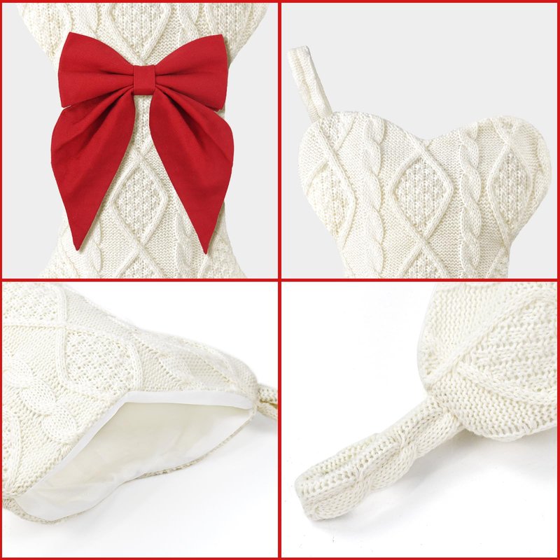 Paulmele Dog Christmas Stocking,Knit Pet White Large Christmas Stocking,Dog Bone Christmas Stockings for Dogs Puppys Pets,Hanging Bone with Bow (Red)