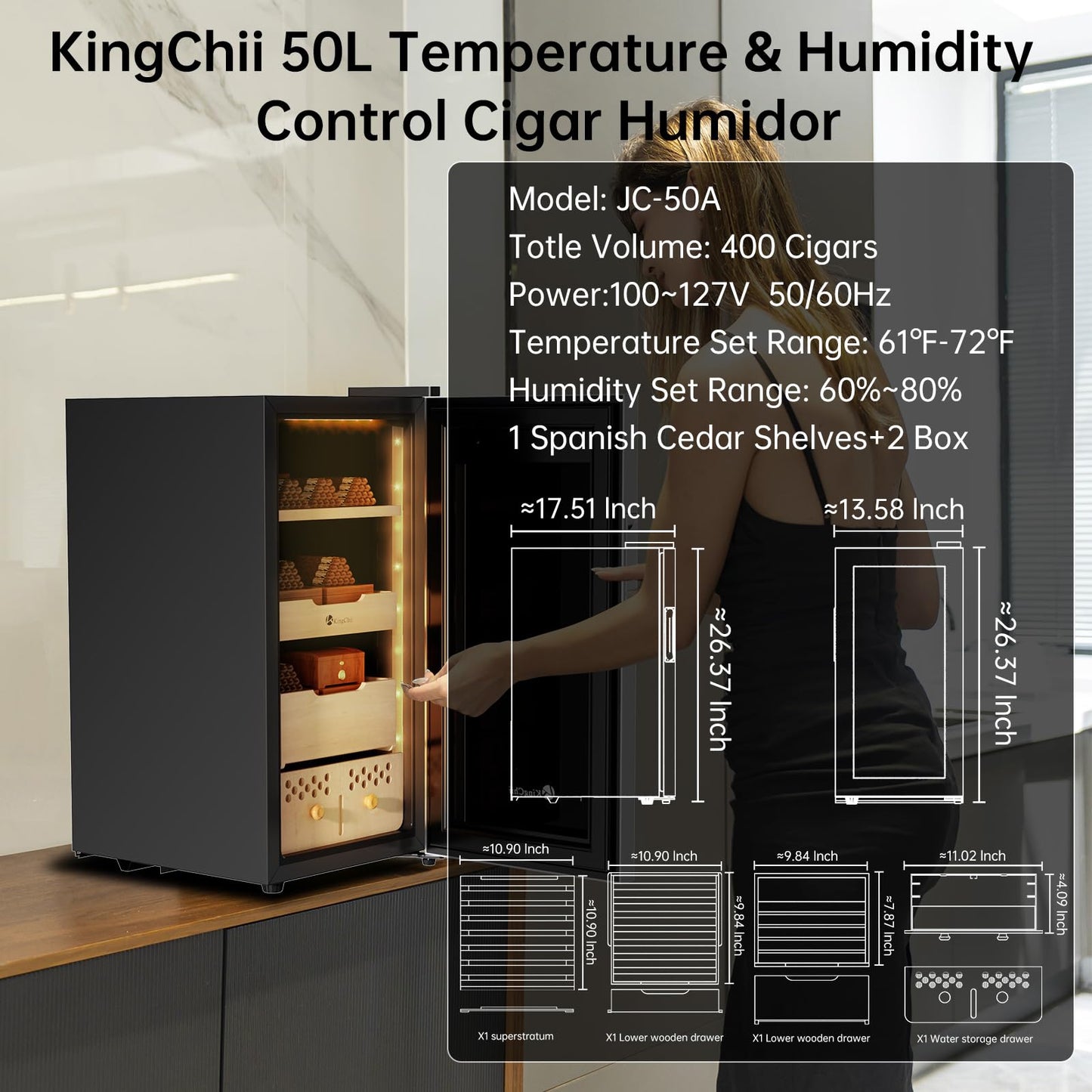 KingChii 50L Electric Cigar Humidor, Compressor Control Temperature (64-72℉) & Humidity (60%-84%), with Spanish Cedar Wood Shelves & Drawer, Gifts for Men (400 Cigars)
