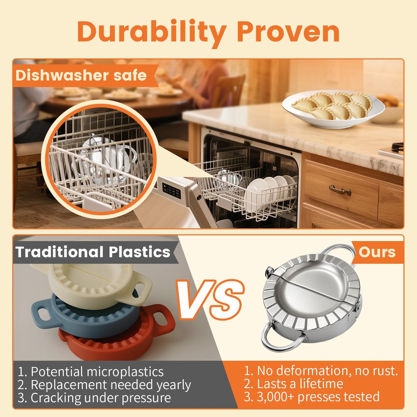 3-in-1 Stainless Steel Dumpling Maker Set - Professional Dumpling Press & Empanada Mold with Dough Cutters (3", 3.4", 3.8") | Includes Stuffing Scoop | Dishwasher Safe