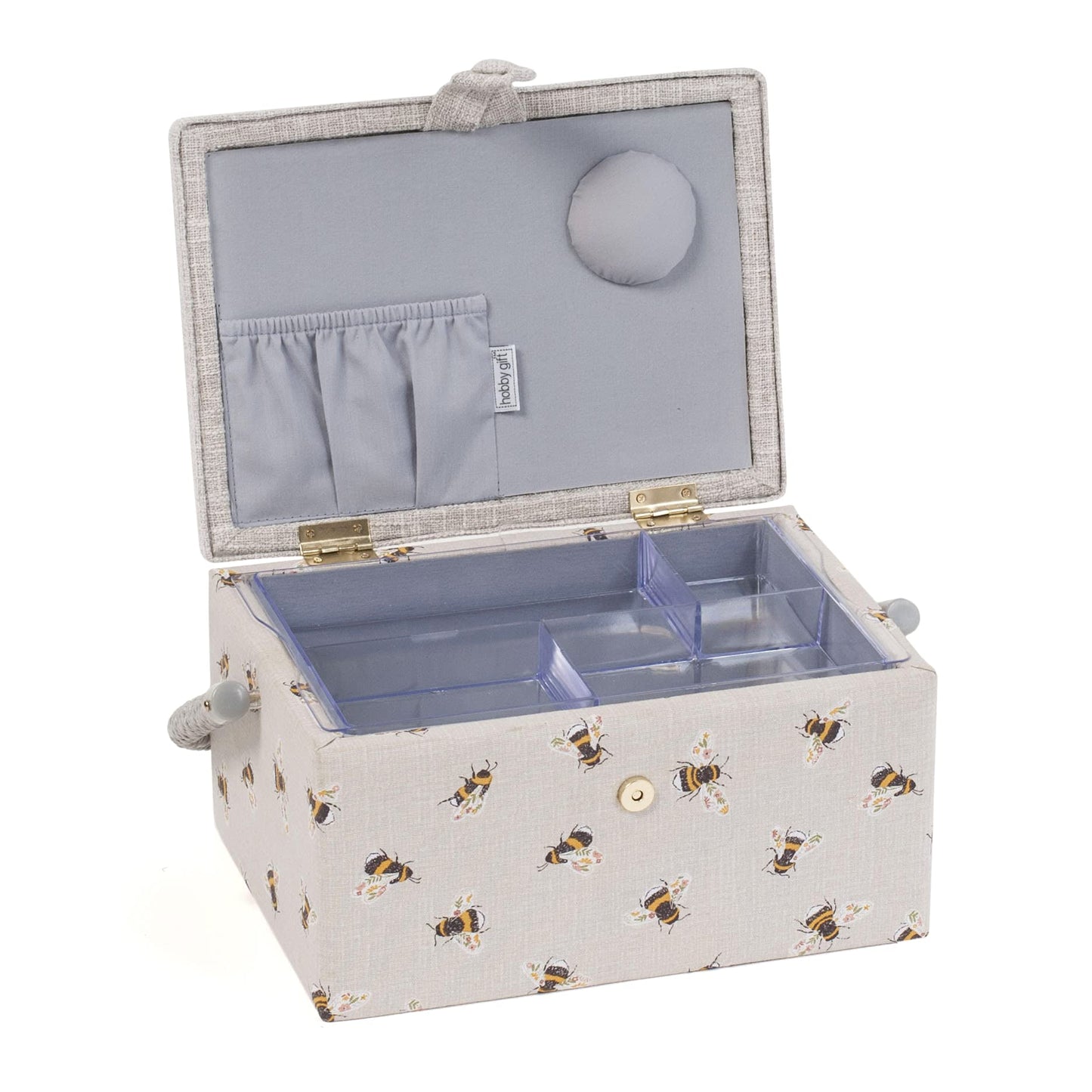 Hobby Gift Medium Sewing Box Organiser, Fabric Covered Storage Box with Handle, Internal Tray, Pin Cushion and Pocket for Sewing, Quilting and Knitting Supplies