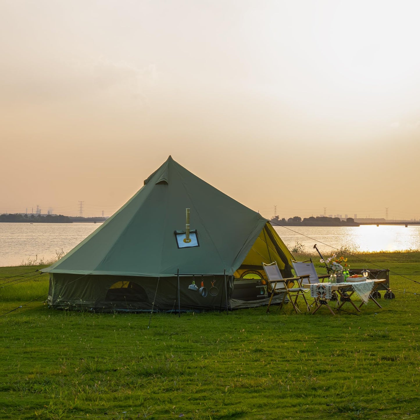 Bell Tent with Stove Jack – Spacious 13.1ft Family Glamping Yurt, 4-6 Person, 4 Season, Easy Setup, Waterproof, Ventilated Outdoor Shelter (13.1ft(Green)