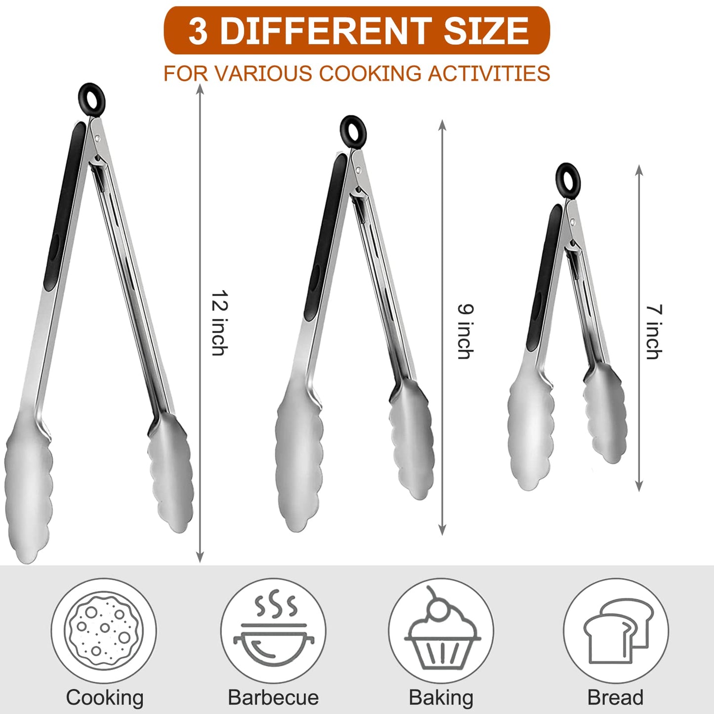 9 Pieces Stainless Steel Kitchen Tongs Grilling Locking Cooking Tongs Non-Slip Metal Food Tongs for Cooking, Salad and BBQ, 7, 9 and 12 Inch