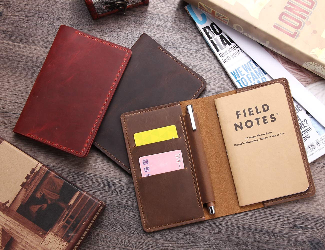 Leather Notebook Cover for Field Notes, Handmade Journal Cover for Moleskine Cahier Journal, Leather Cover with Pen Holder fits 3.5" x 5.5" Pocket Notebook - Coffee