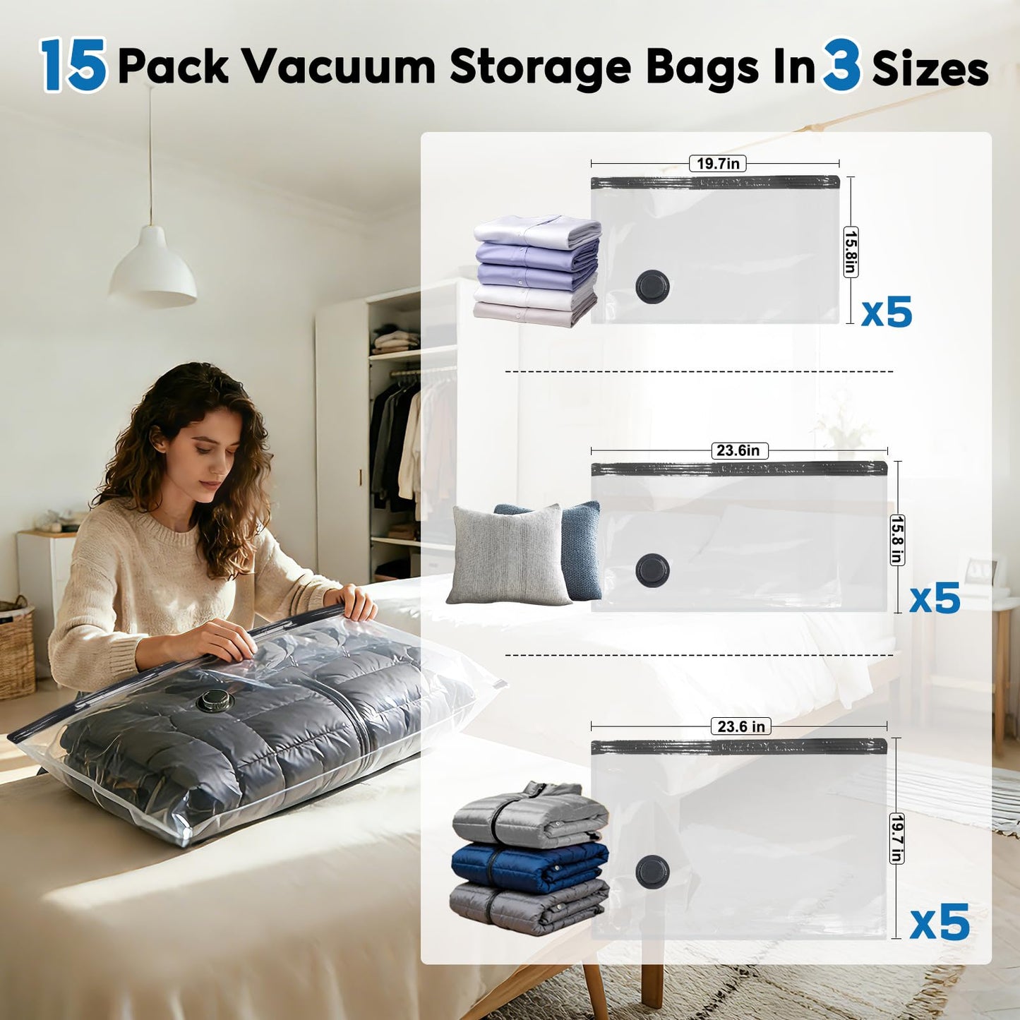 Mapambo Travel Vacuum Bags with -60000Pa LED Electric Pump, 15 Pack Vacuum Seal Bags for Clothing Travel in 3 Combo sizes, Space Saver Vacuum Storage Bags, Saving up to 80% of Space (15 Combo Size)