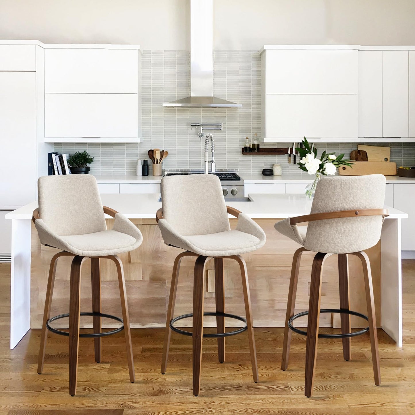 LUNLING 25.6" Counter Height Barstools Set of 3 Mid Century Modern Retro Bar Chairs Charcoal Beige Linen Look Fabric Upholstered and Walnut Wood Frame for Home Bar Furniture,Beige,3PCS