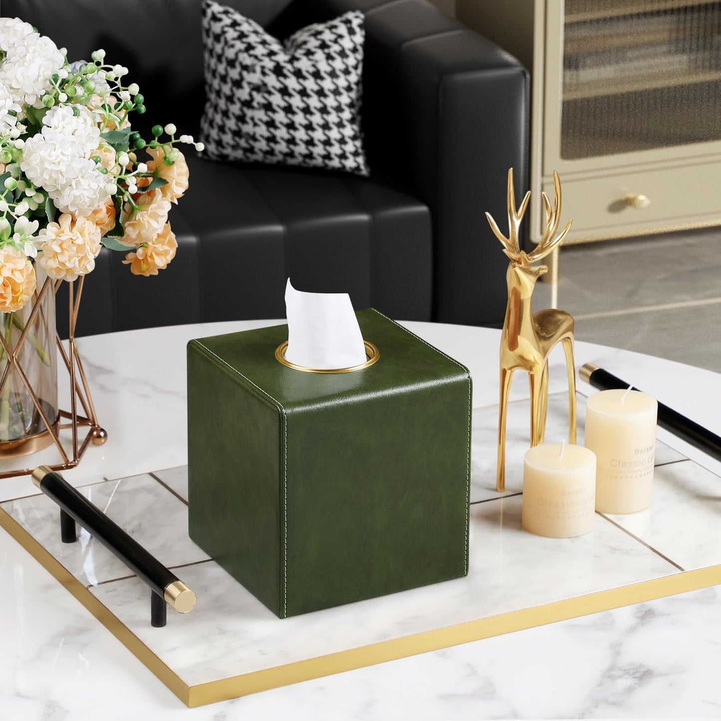 MEIBOOCH Square Tissue Box Cover, Luxury PU Leather Tissue Holder with Magnetic Closure (Dark Green)