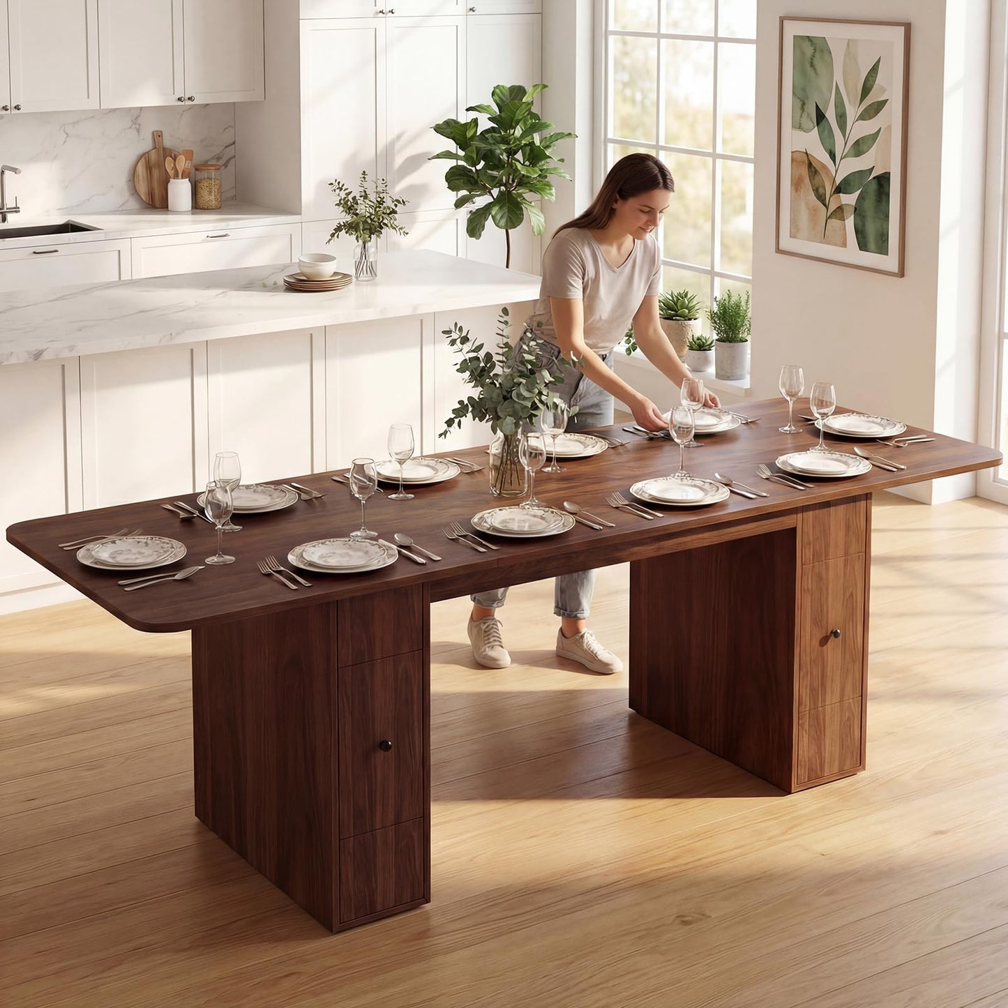 Extendable Dining Table for 6-10 People, 63" to 79" Modern Farmhouse Rectangular Kitchen Table with 4 Drawers, Space-Saving Dining Room Table with Removable Leaf for Living Room Home Office (Walnut)