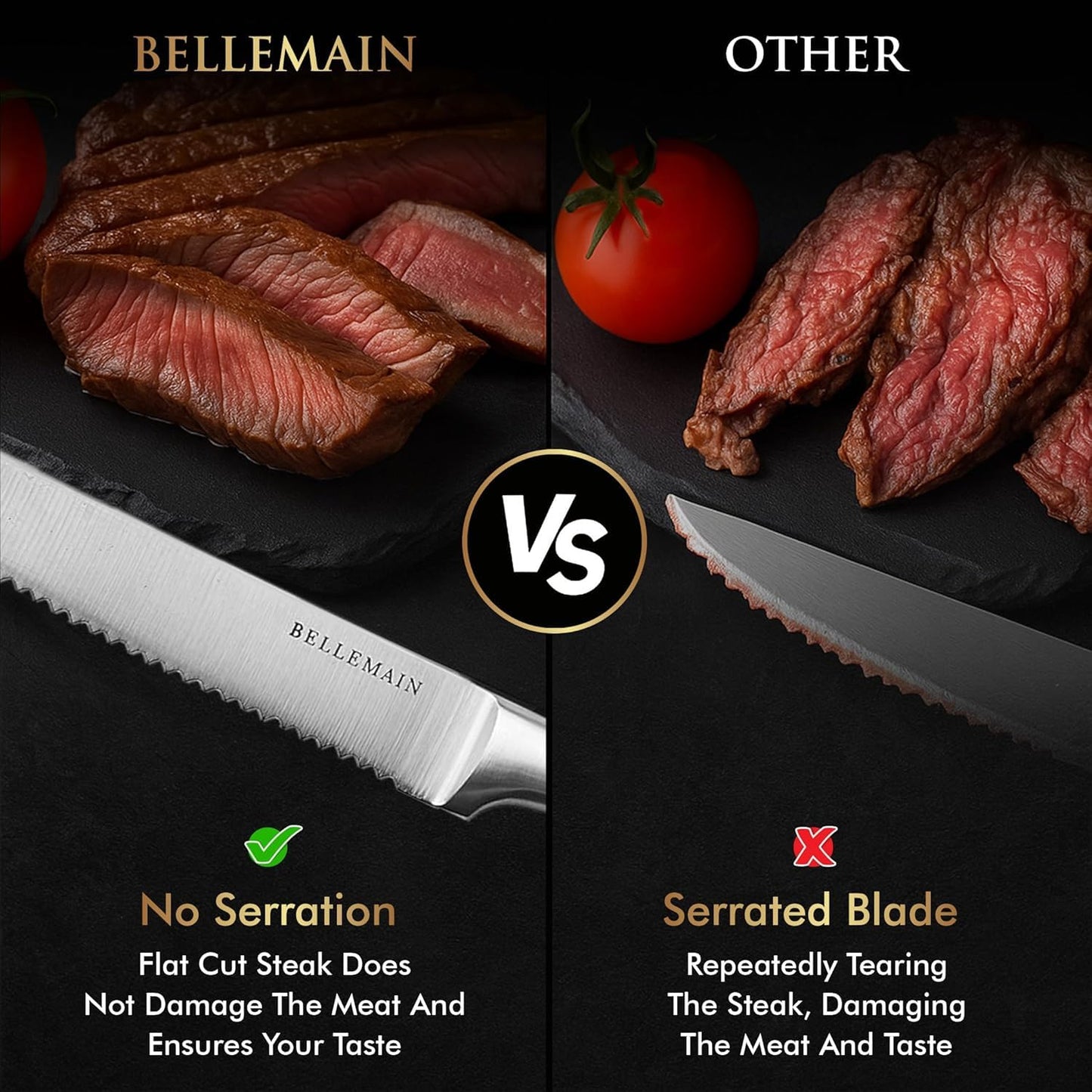 Bellemain Premium Steak Knives Set of 6, Kitchen Knife Sets with Steel Blades for Precise Cutting, Lightweight Steak Knife Set Stainless Steel & Durable, Serrated Steak Knives Dishwasher Safe