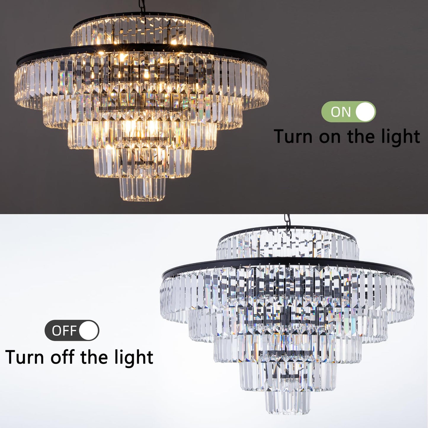 Wellmet Crystal Chandelier, 6-Tier Large Luxury Crystal Chandelier, 31'' Black Crystal Pendant Light for Living Room, Dining Room, Bedroom, Entryway, Hallway, Corridor,
