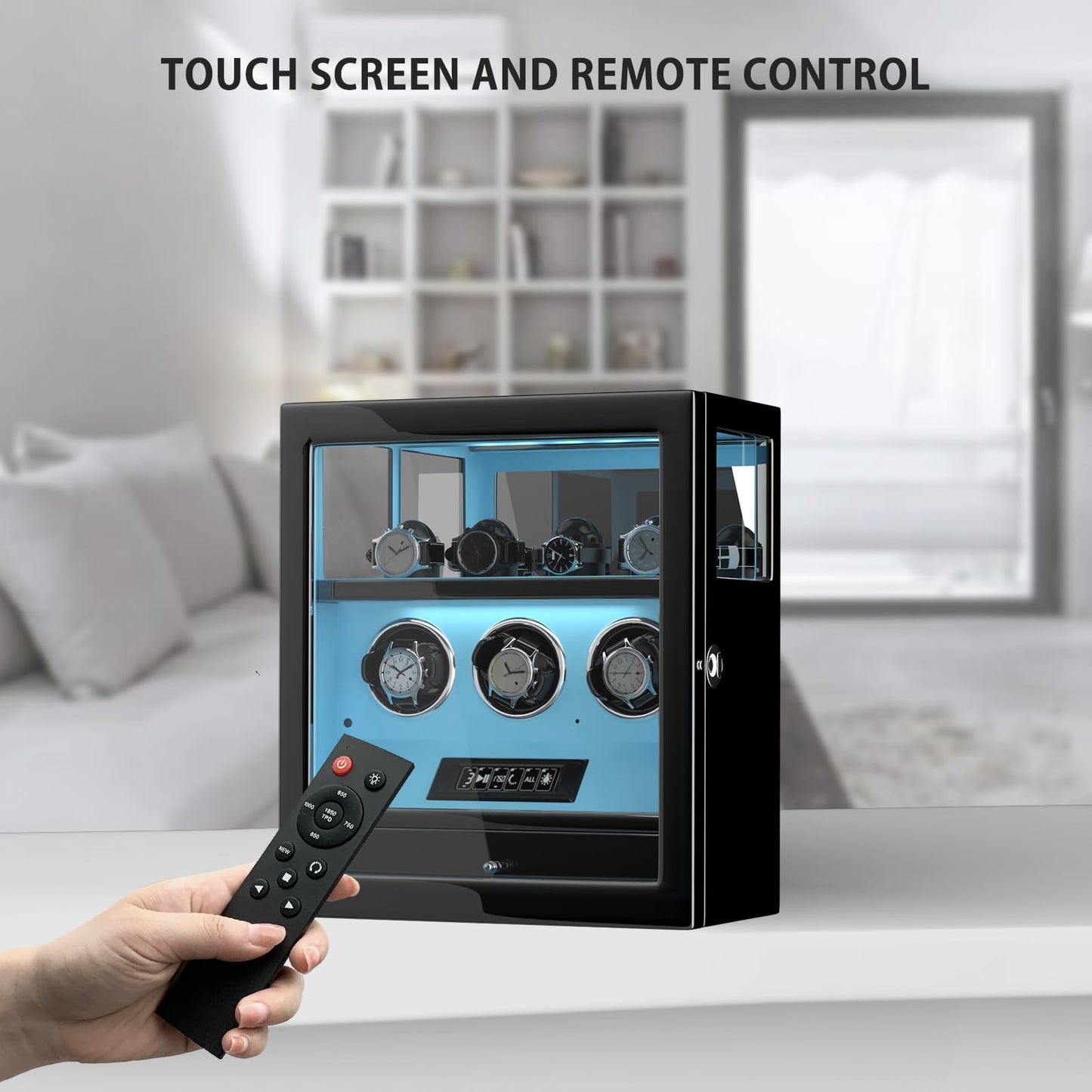 DUKWIN Watch Winder, Fingerprint Lock Automatic Watch Winder for 3 Watches with 4 Holders,300-2300 TPD,Digital Display, Remote Control,Jewelry Storage and Adjustable Watch Pillow and LED Light,Blue