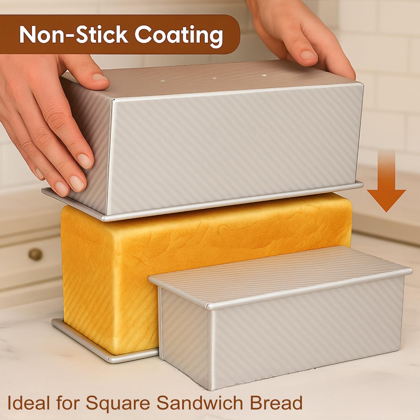 Logario 2-Pack Pullman Loaf Pan with Lid –Includes Two Size 13 by 5 & 8.4 by 4.8 Loaf Pan, Silver Textured Finish, Vented Bottom, Nonstick Bread Pan Set, Ideal for Sandwich Bread, Toast, Sourdough