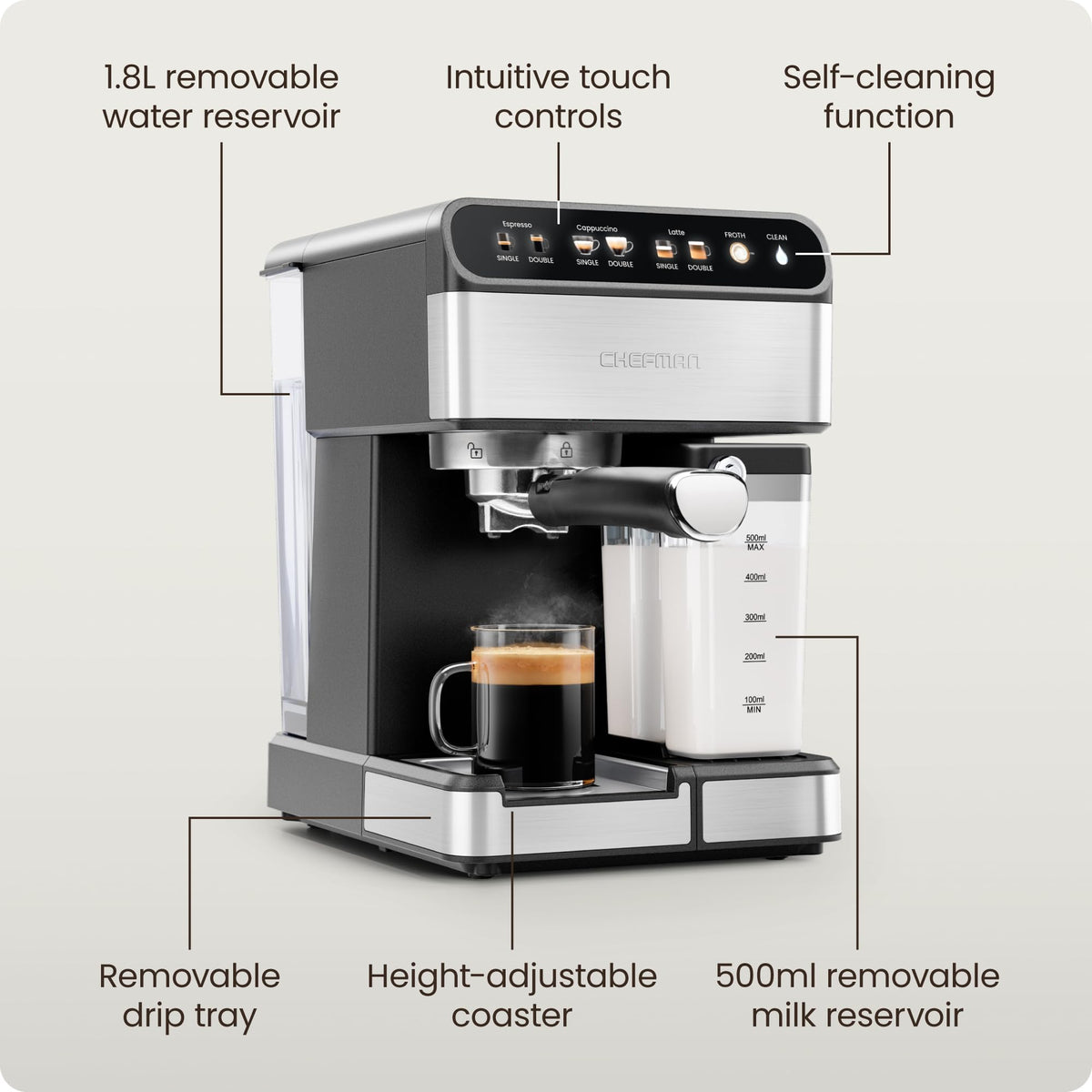 Chefman CaféMaster Pro Espresso Machine, Brew Single or Double Shots, Coffee Maker with Built-In Milk Frother for Cappuccino & Latte, XL 1.8 Liter Removable Water Reservoir - Stainless Steel