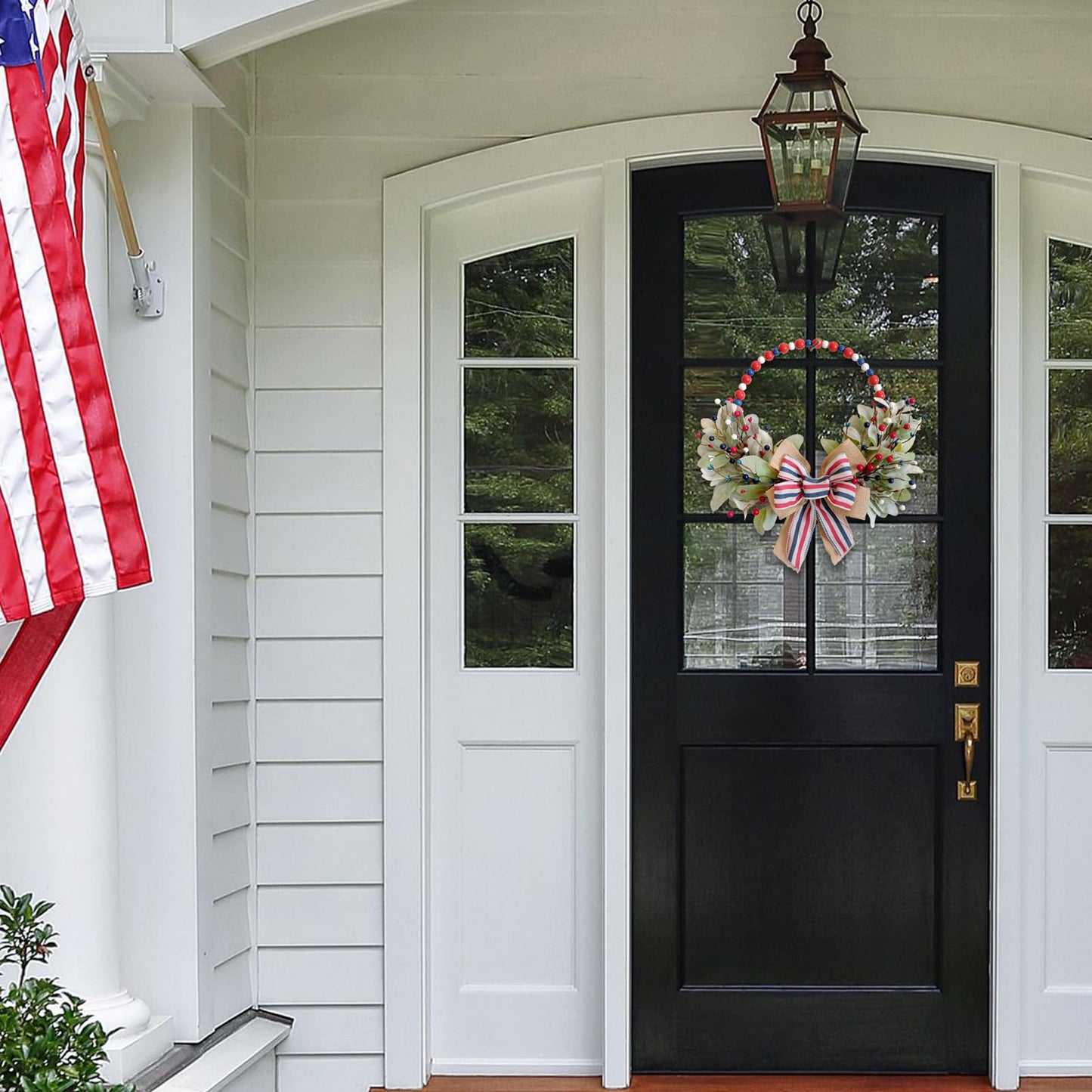 TEMPUS 4th of July Independence Day Wreath Red, White and Blue Wooden Bead Berries Wreath Lambs Leaves Ring Wreath 16 inch Patriotic Decorations for Front Door,Memorial Day Flag Day Veterans Day