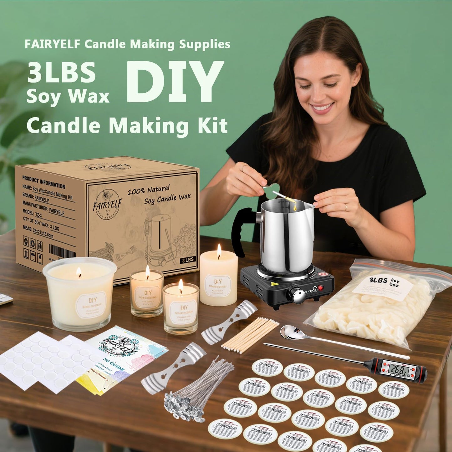 Soy Wax Candle Making Kit Supplies With Wax Melter, Natural Candle Wax for Candle Making - DIY Candles Making Supplies, Including 3lbs Soy Wax Flakes, Melting Pot, Electric Stove, Candle Wick