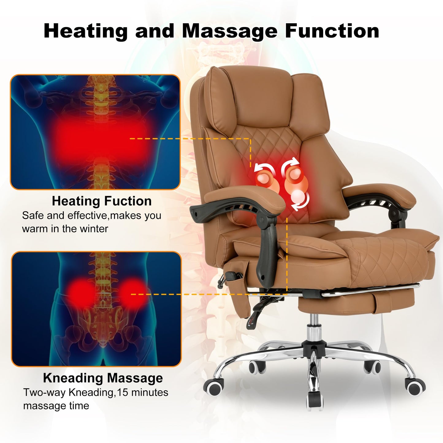 BOWTHY Kneading Massage Executive Office Chair with Heated,90-135° Reclining Office Chair with Footrest,Computer Desk Chair with Wheels,Diamond-Stitched Cushion Leather Office Chair (Brown)
