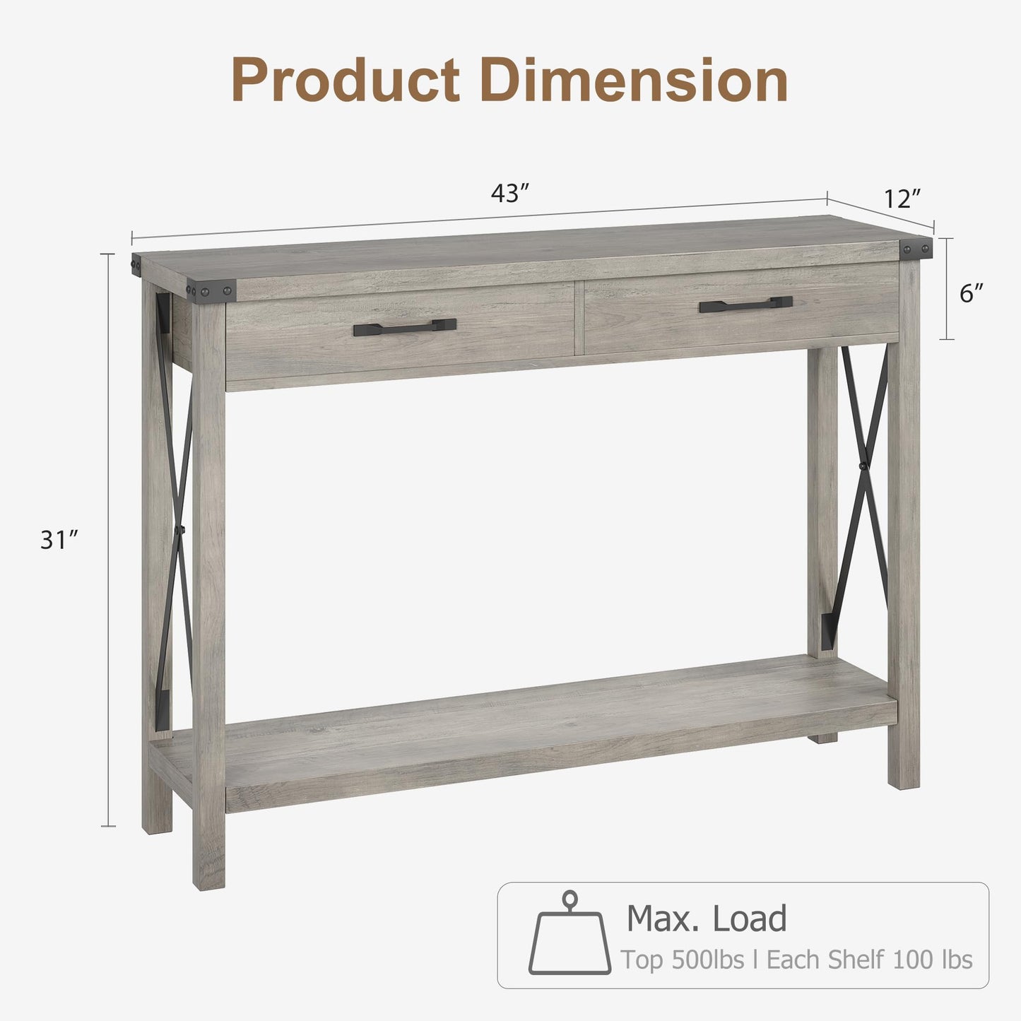 IDEALHOUSE Console Table with 2 Drawers, Farmhouse Entryway Table with Storage Shelf, Accent Wood Sofa Table for Living Room, Hallway, Foyer-Grey (WCT001)