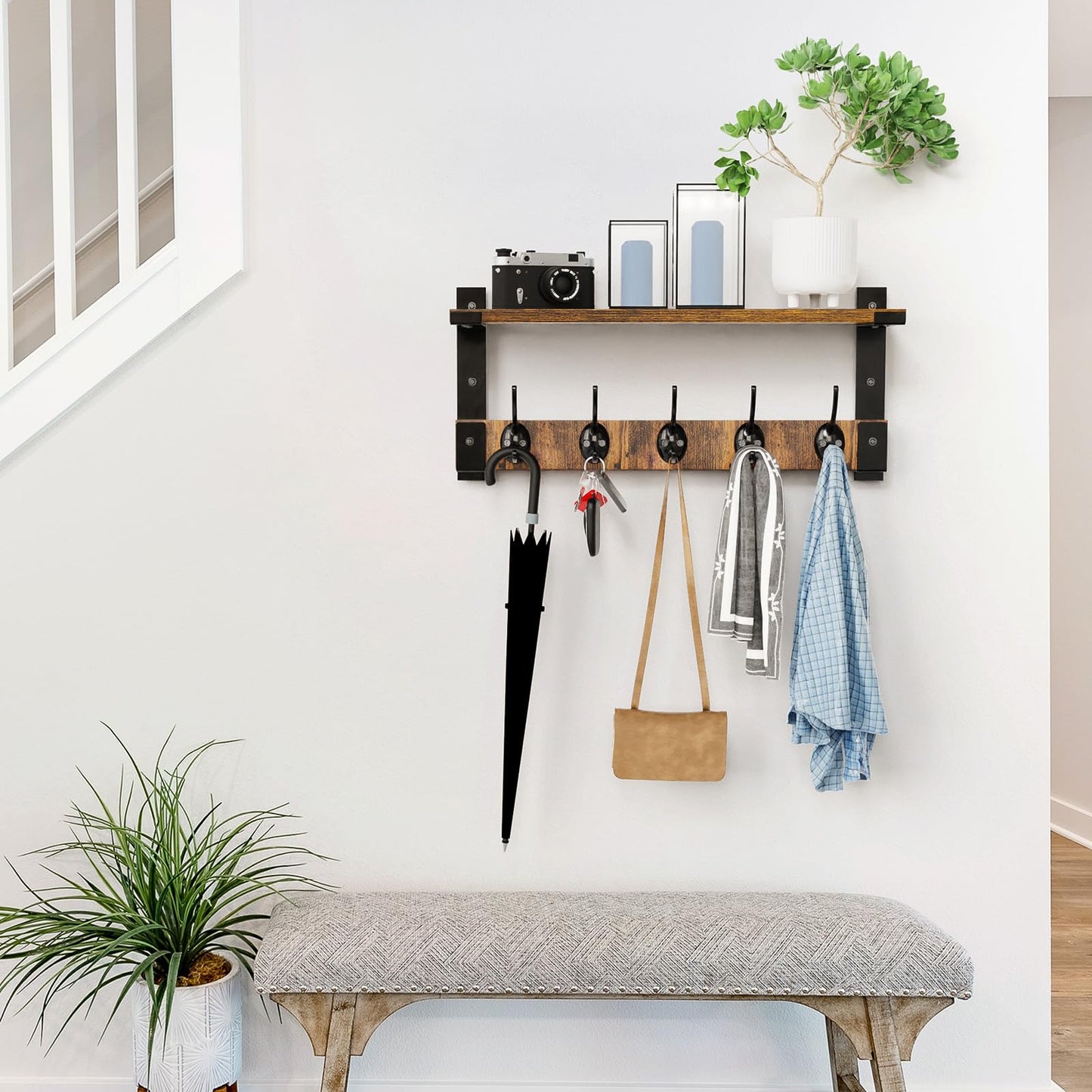 Oraich Wall Hooks with Shelf, Coat Rack Wall Mount for Coat Backpack Key Clothes Hanger, Wall Floating Shelf Hanging in Entryway, Living Room, Bathroom, Bedroom, Kitchen