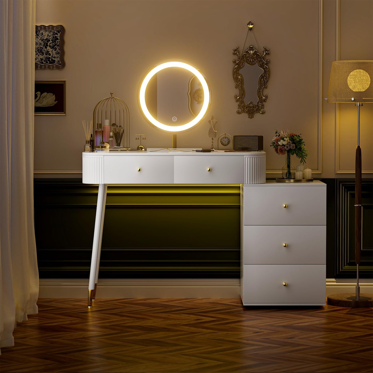 WinZo 36" Vanity Desk with Mirror and 3 Light Modes, Dressing Table Set with 5 Sliding Drawers, Makeup Desk with Charging Station, Modern Vanity for Small Spaces & Bedroom, White