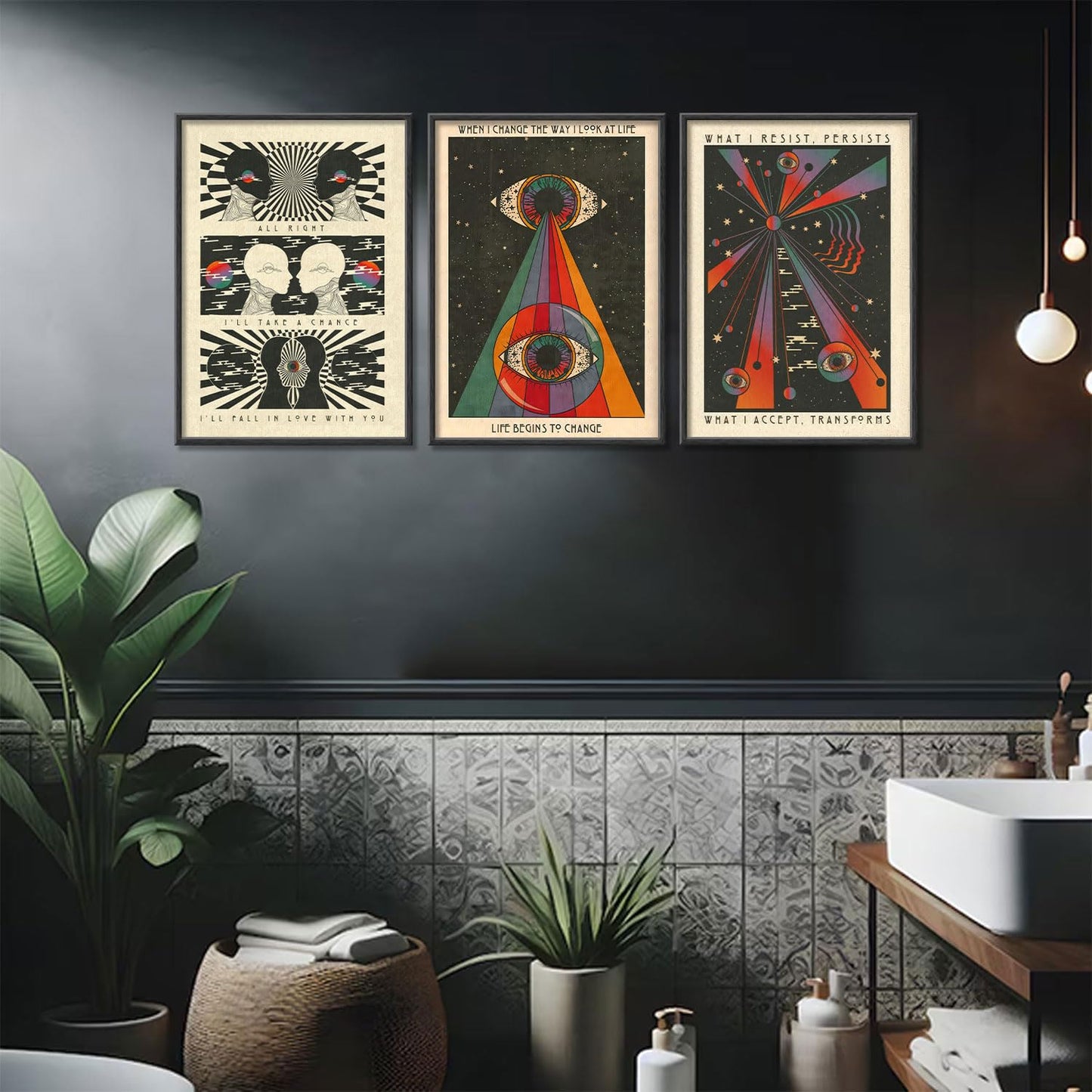 3Pcs Retro Hippie Wall Art 70's Psychedelic Eye Posters Wall Decor Meditation Inspirational Quote Prints Pictures Pop Art Style Spiritual Canvas Paintingfor Teen Bedroom Living Room Unframed