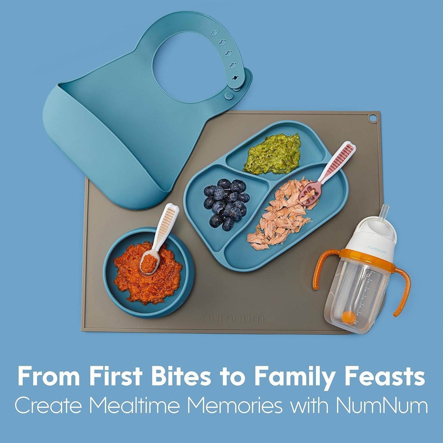 NumNum Baby Spoons Set - Silicone Self-Feeding Utensils for 6+ Months | BPA-Free, 2 Pack Blue/Yellow