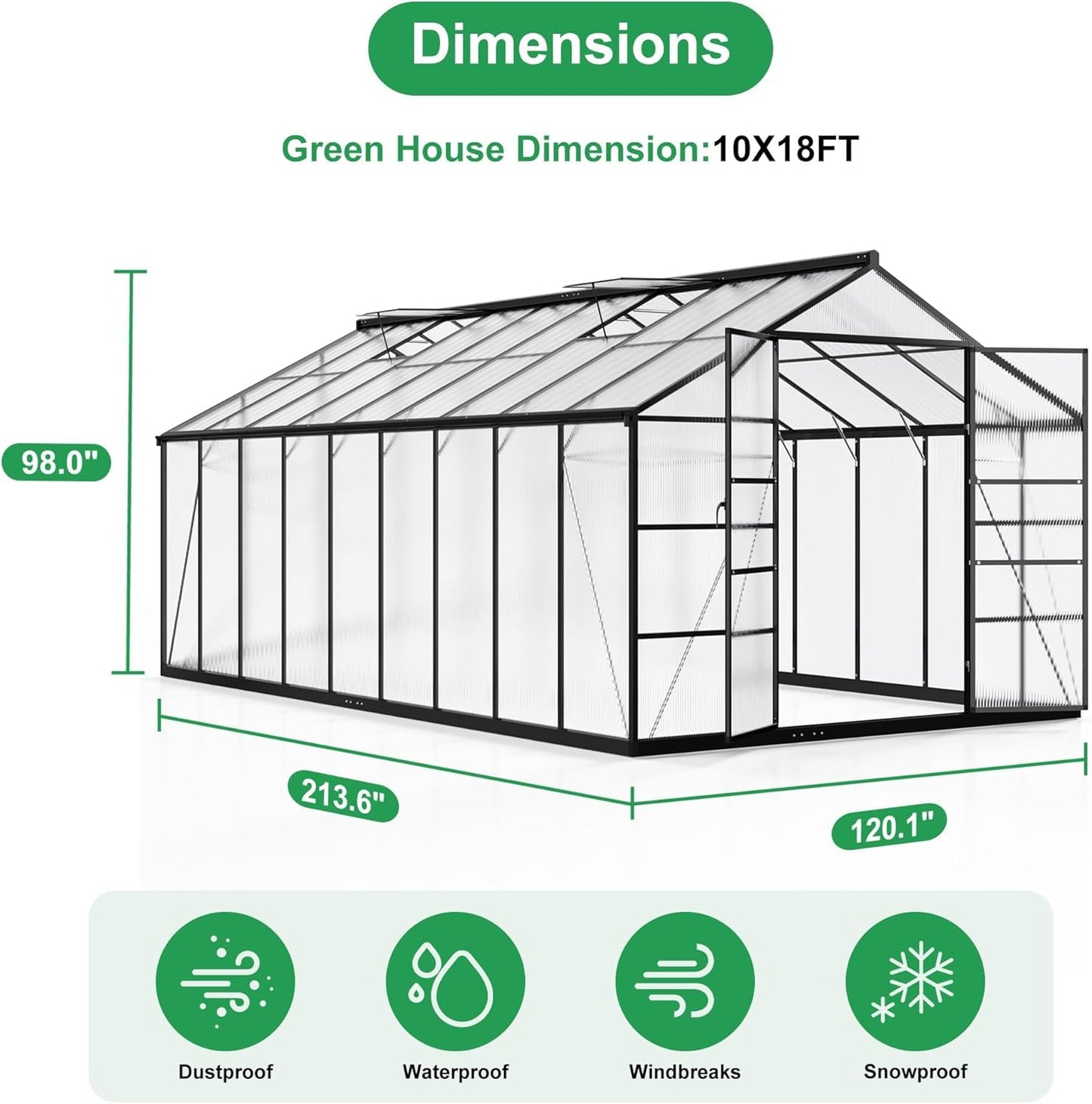 Polar Aurora 10X18 FT Polycarbonate Greenhouse for Outdoors, Walk-in Aluminum Green House with Quick Setup Structure and Roof Vent for Outside Garden Backyard, Black