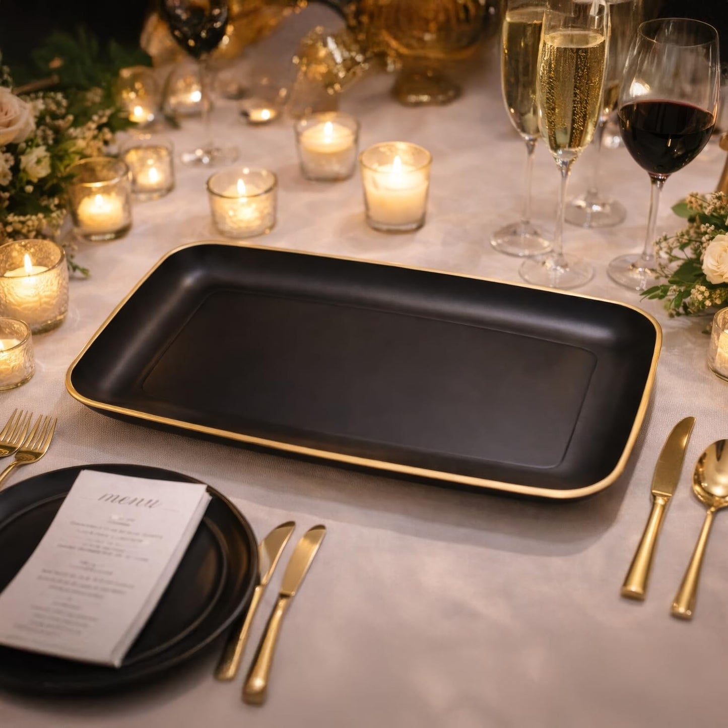 Blue Sky Organic Black Disposable Rectangular Trays with Gold Rim - 2 Count, 18"x11" | Elegant Plastic Serveware & Sturdy Party Essentials