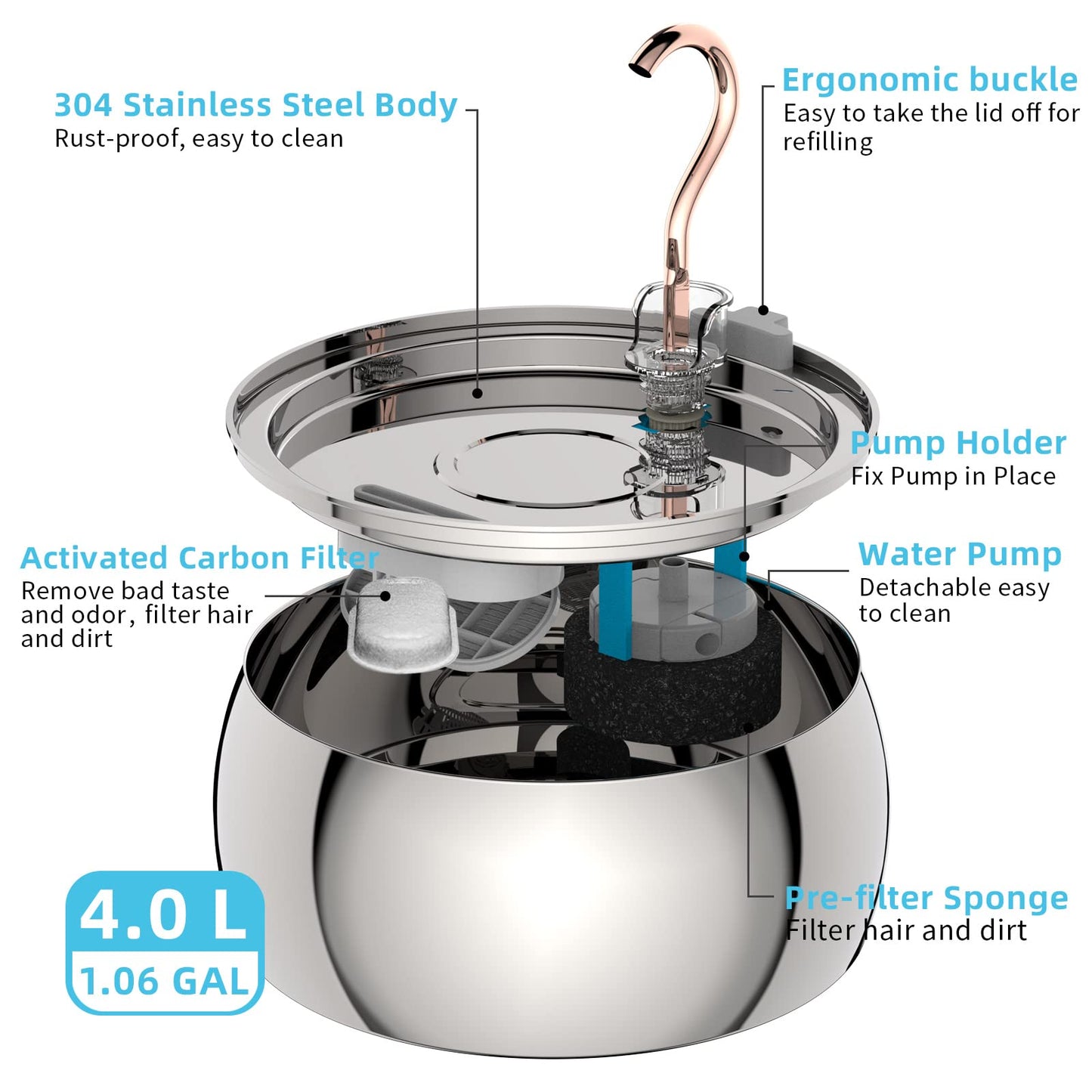 Tomxcute Cat Water Fountain - 4.0L/135oz Gooseneck Copper Faucet Design Cat Fountain for Drinking - Large Capacity Stainless Steel Cat Water Fountains - Comes with 3 Replacement Filters