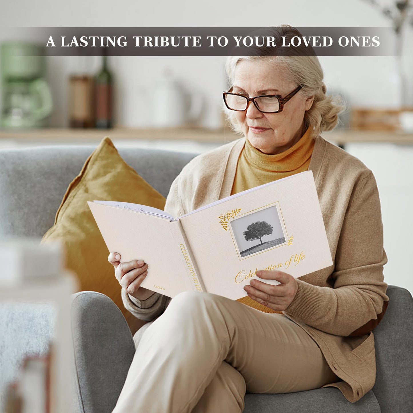 Lanpn Funeral Guest Book for Memorial Service, Linen Celebration of Life Registry Guest Book with Open Window, Memory Book for Funeral with Table Sign, Funeral Favors Sign in Books for Guests, Beige