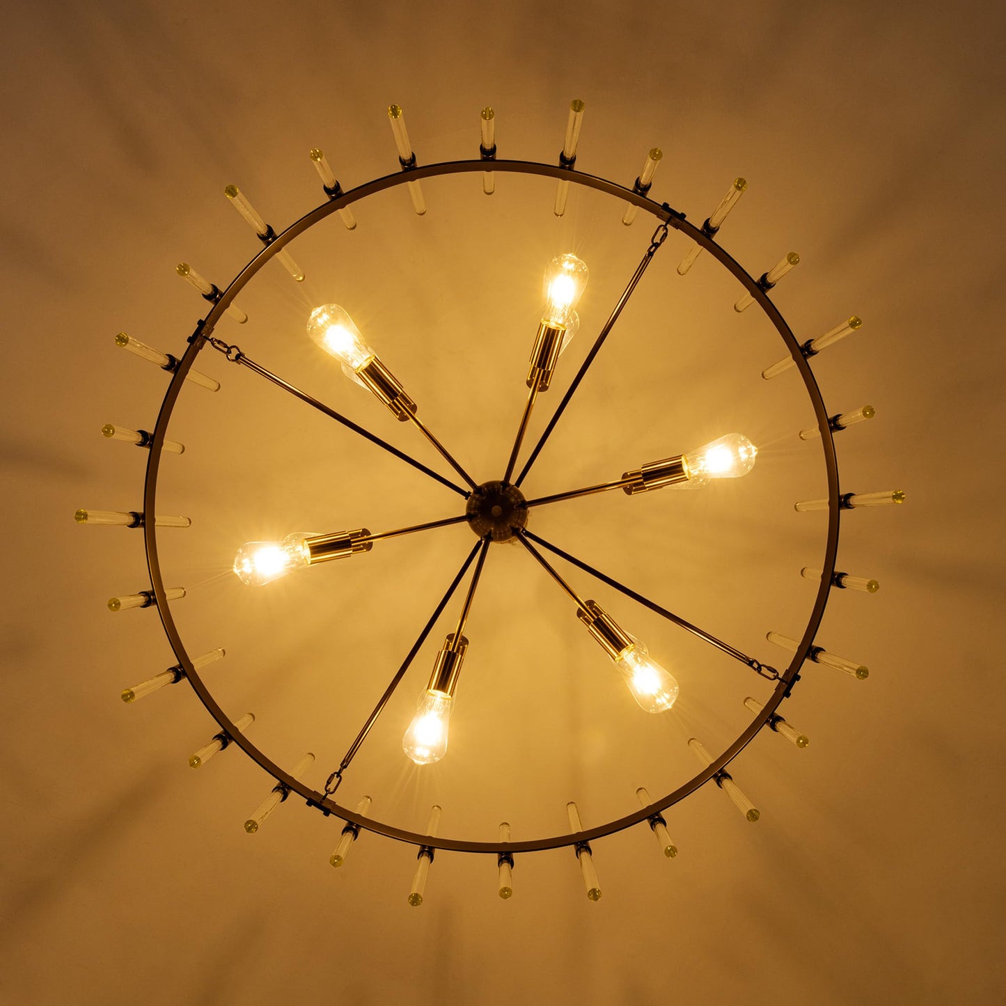 Wellmet Black and Gold Chandelier, Modern Dining Room Chandelier with Glass Rods 45", Farmhouse Wagon Wheel Light Fixtures Ceiling Hanging Pendant Lighting for Living Room, Kitchen, Foyer, Bedroom