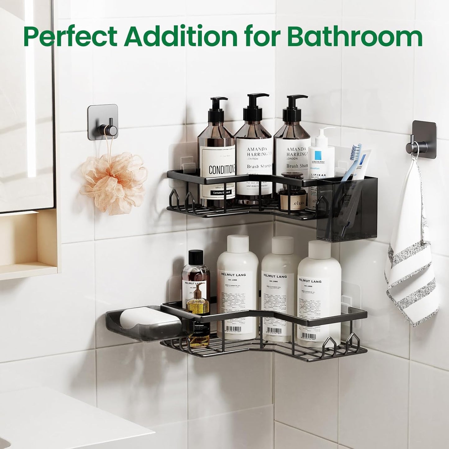 Skiennix Adhesive Shower Caddy - Rustproof Stainless Steel Corner Organizer | 2 Pack with Large Capacity