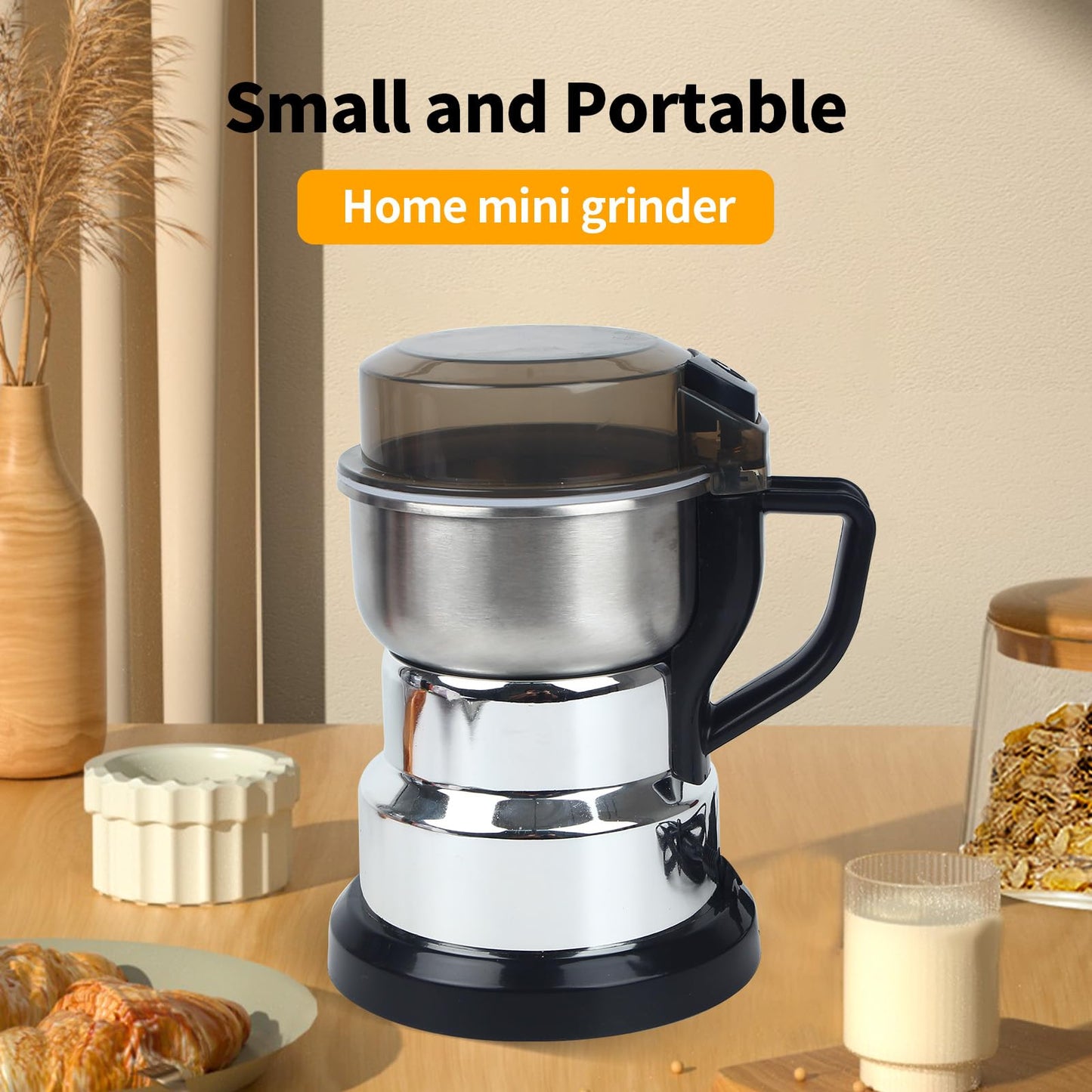 Huitban Electric Coffee Grinders,150-300w Silver Spice Grinder, One-Button Operation to Grinder Coffee Beans, Spices, Dry Herbs, Nuts, etc.1 Plastic Brush and 1 Plastic Spoon Included