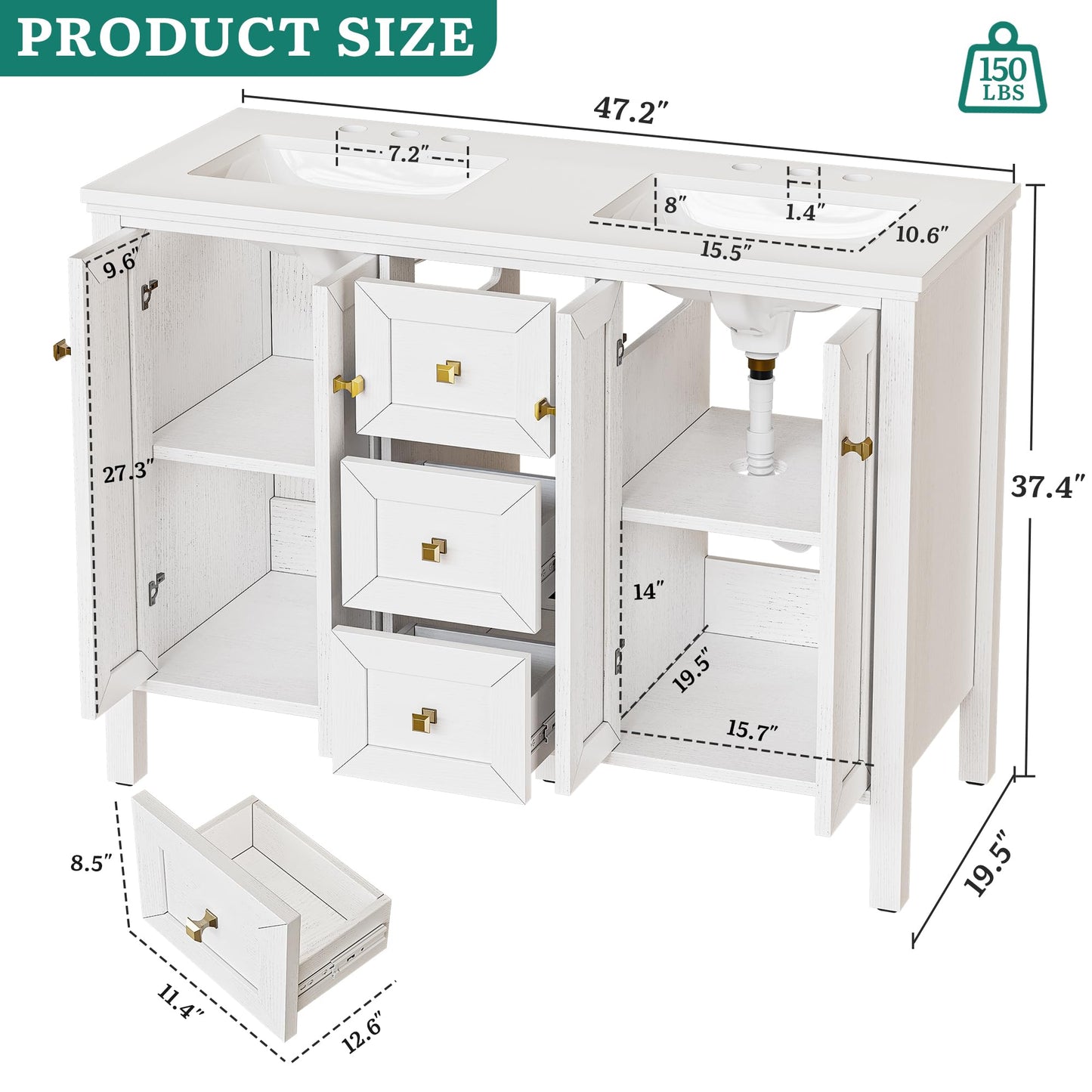 YITAHOME 47 Inch Bathroom Vanity with Double Sink, Retro Bathroom Storage Cabinet with Sintered Stone Countertop, Six Holes, 4 Doors & 3 Drawers