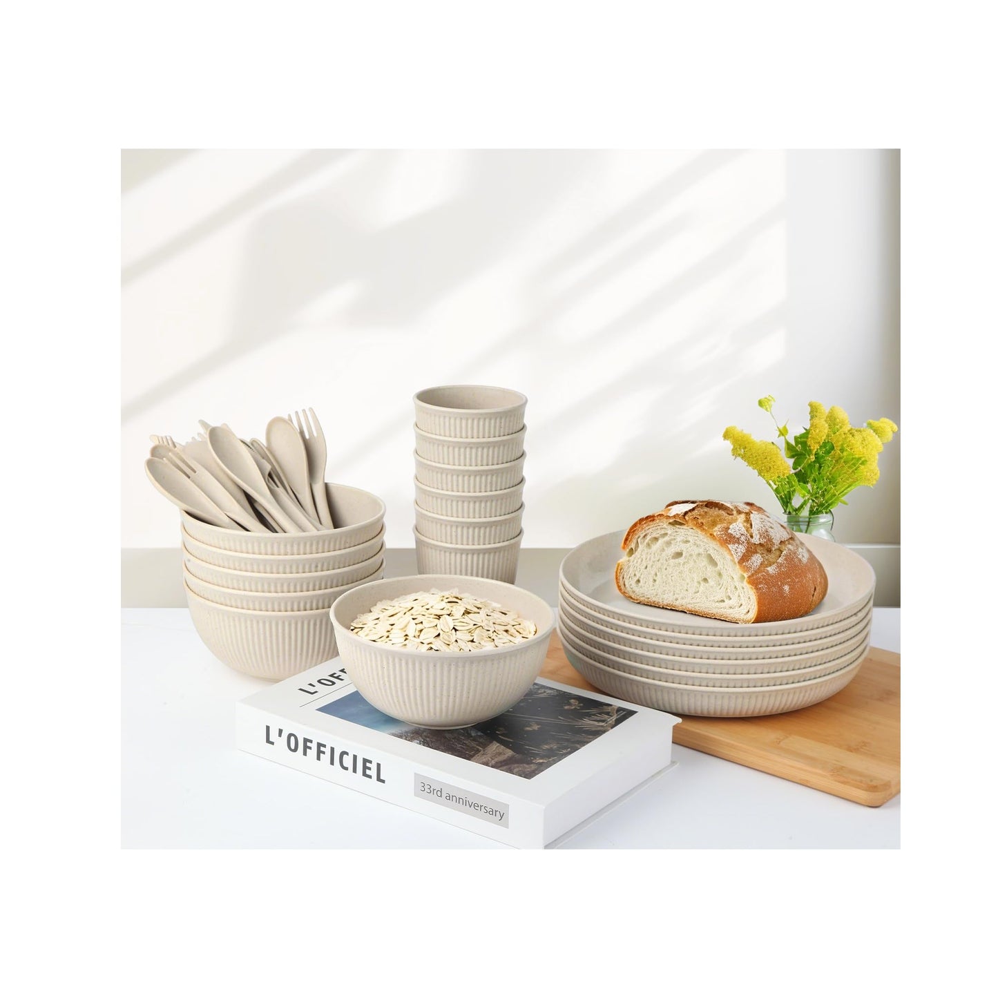 36-Piece Reusable Wheat Straw Dinnerware Sets for 6, Farielyn-X Unbreakable Reusable Set Kitchen Cups, Plates, Bowls Sets & Cultery Dishwasher Microwave Safe - Patio, Outdoors, RV, Camping Dishes