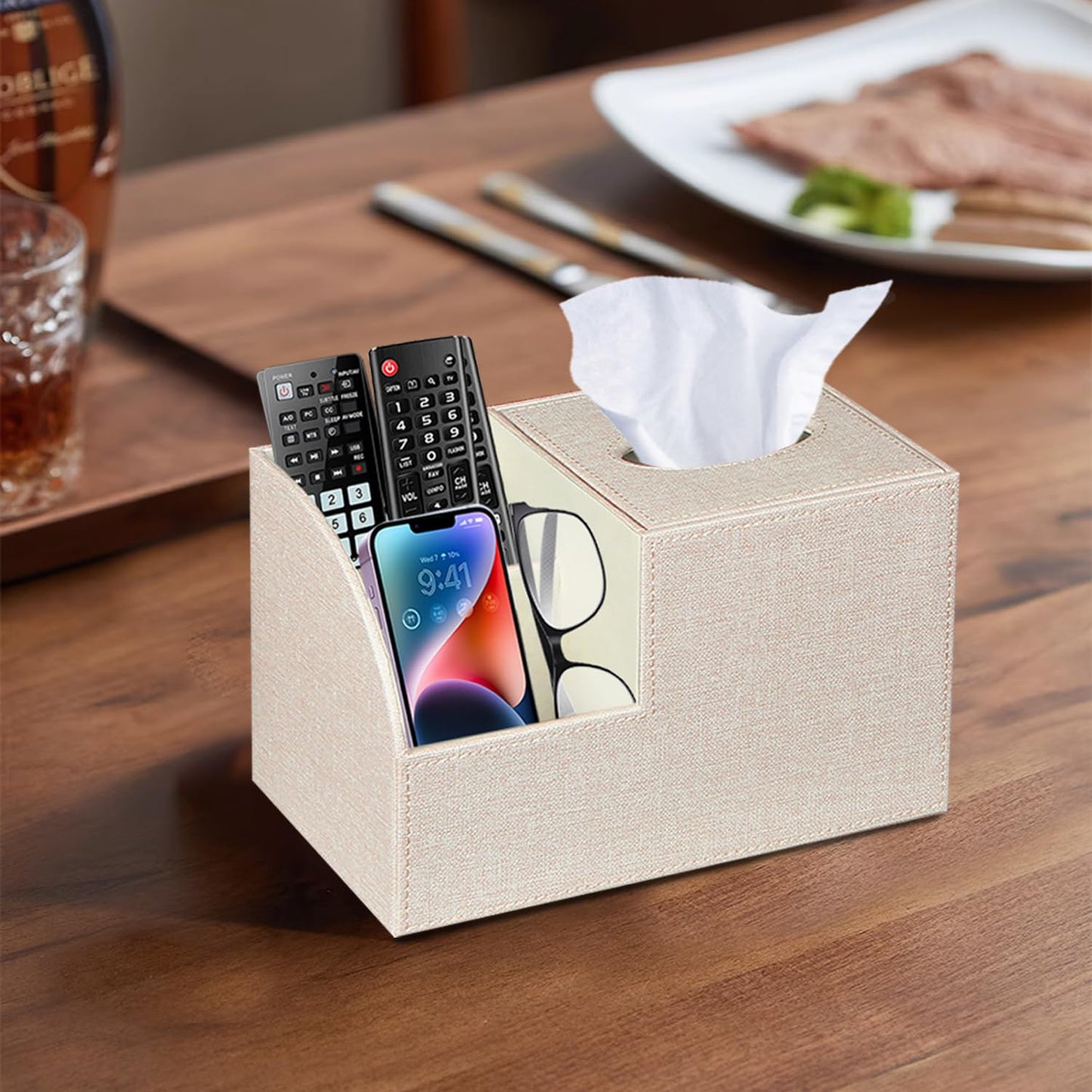 PU Leather Square Tissue Box Cover - Multi-Functional Tissue Box Holder, Tissue Box Cover with Storage,Tissue and Remote Control Holder, Cube Tissue Box Organizer Bedroom Nightstand End Table