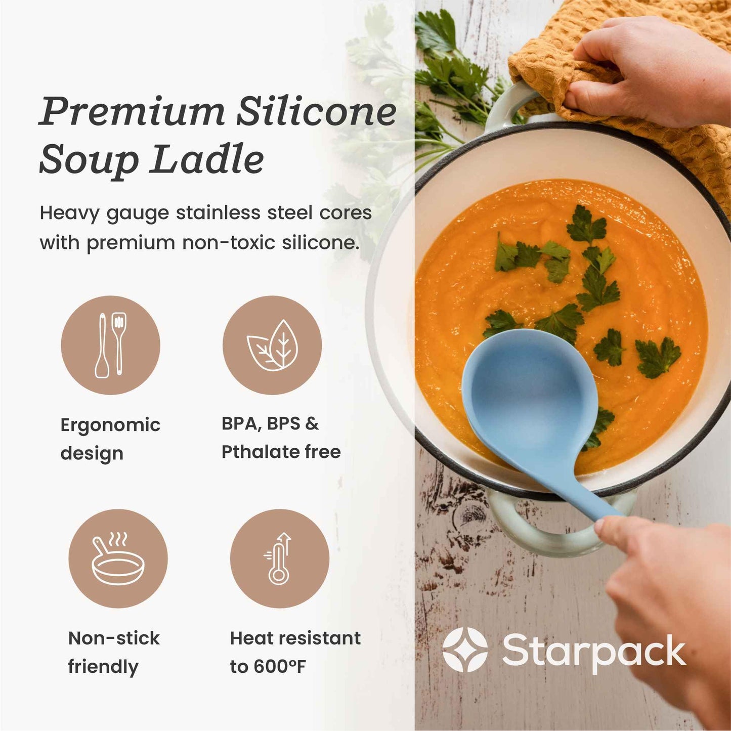 Starpack 'Ladle of Love' XL Premium Silicone Ladle - High Heat Resistant to 600F, Non Stick, LFGB Grade